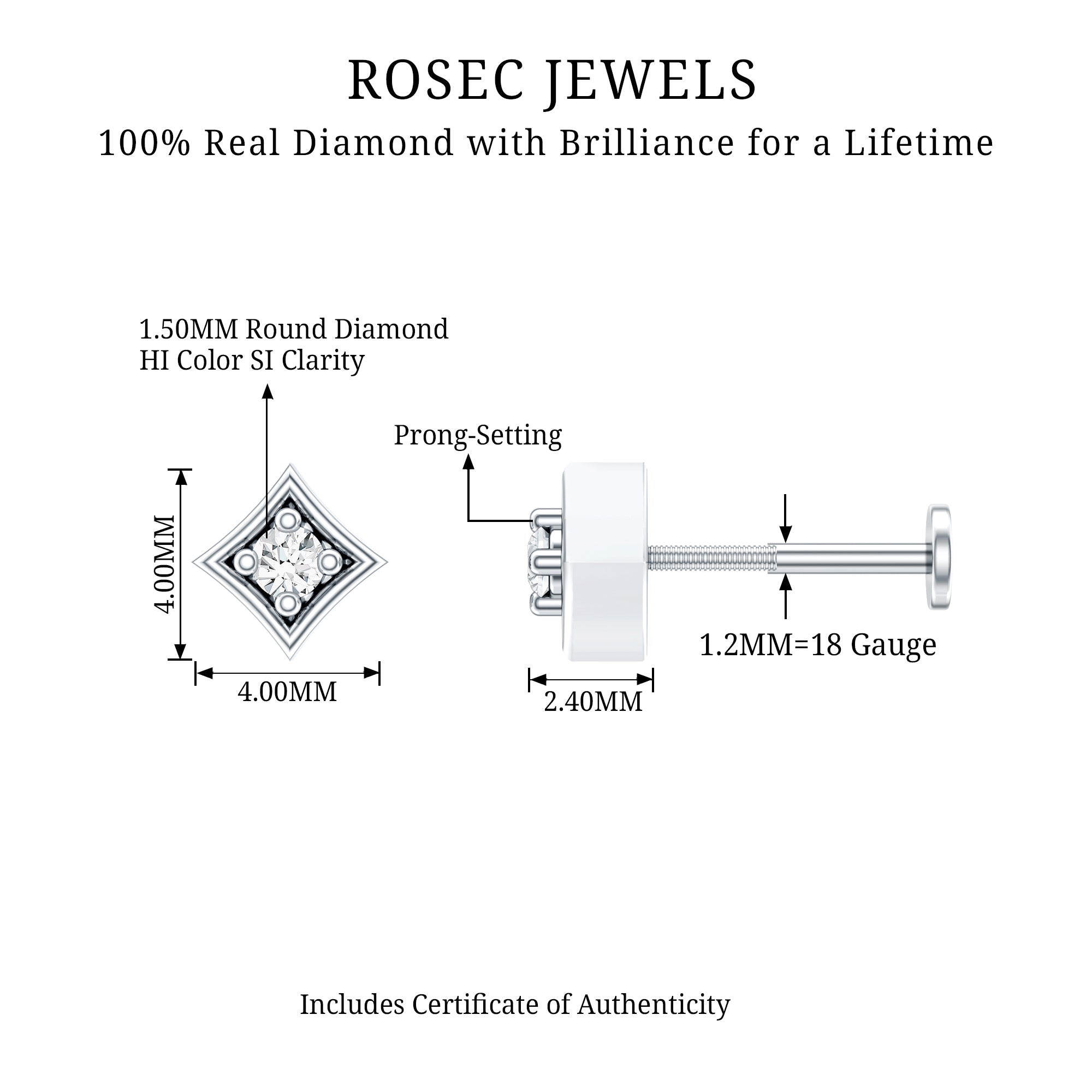 Classic Diamond Solitaire Nose Pin for Women Natural - ( HI-SI ) - Rosec Jewels