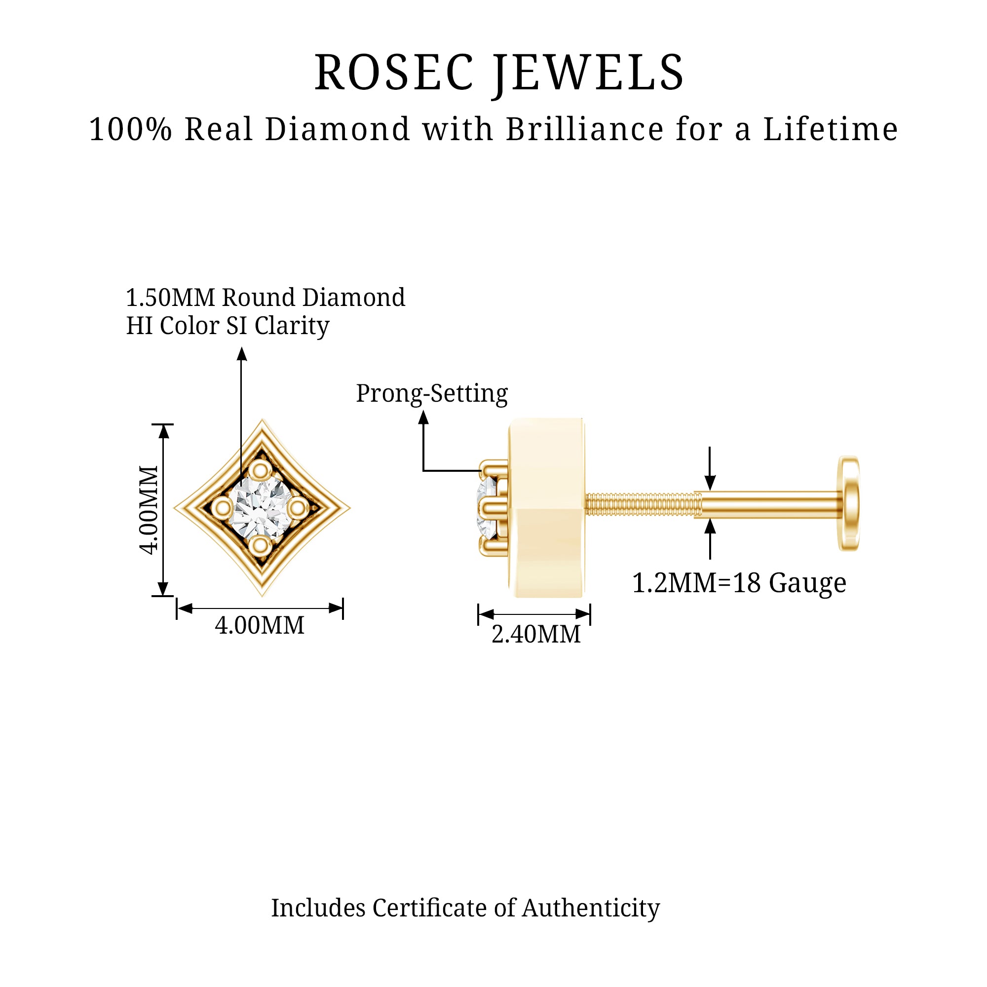 Classic Diamond Solitaire Nose Pin for Women Natural - ( HI-SI ) - Rosec Jewels