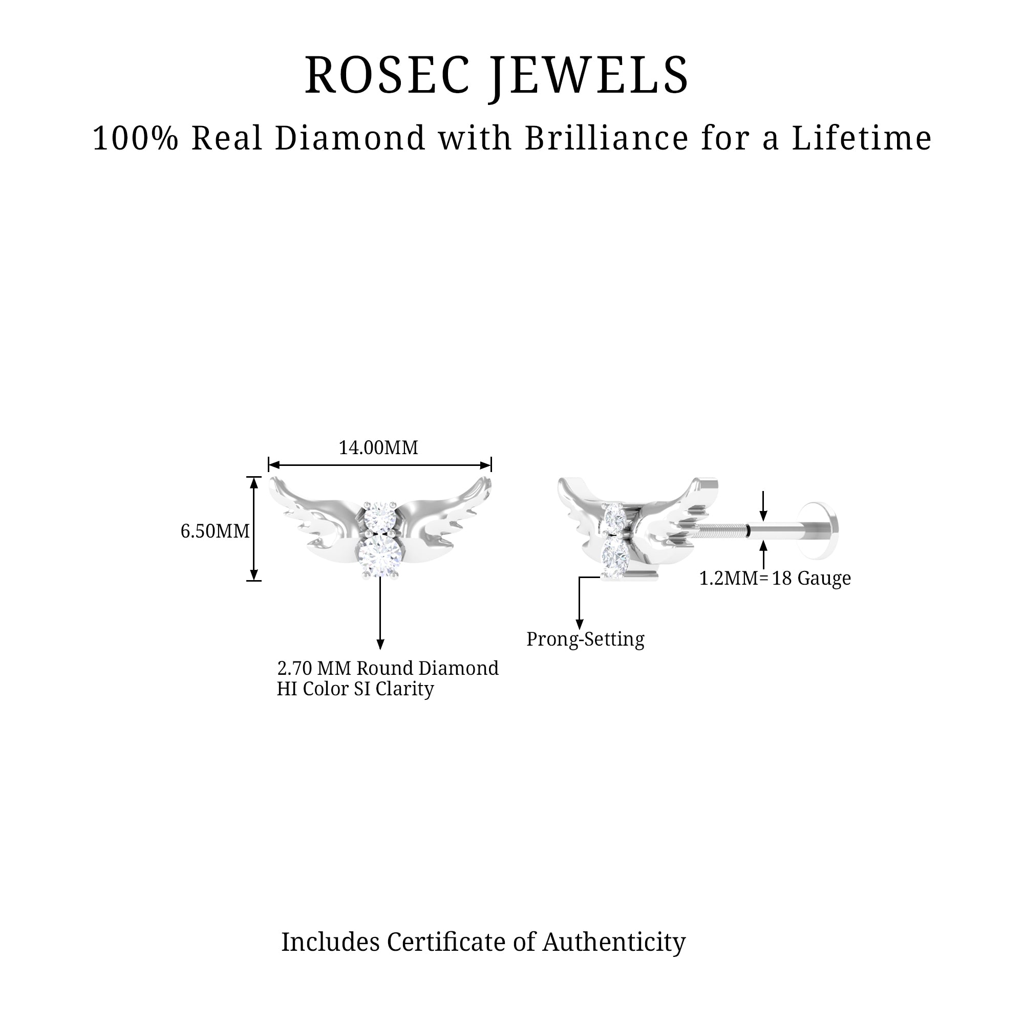 Animal Inspired Diamond Bird Earring for Helix Piercing Natural - ( HI-SI ) - Rosec Jewels