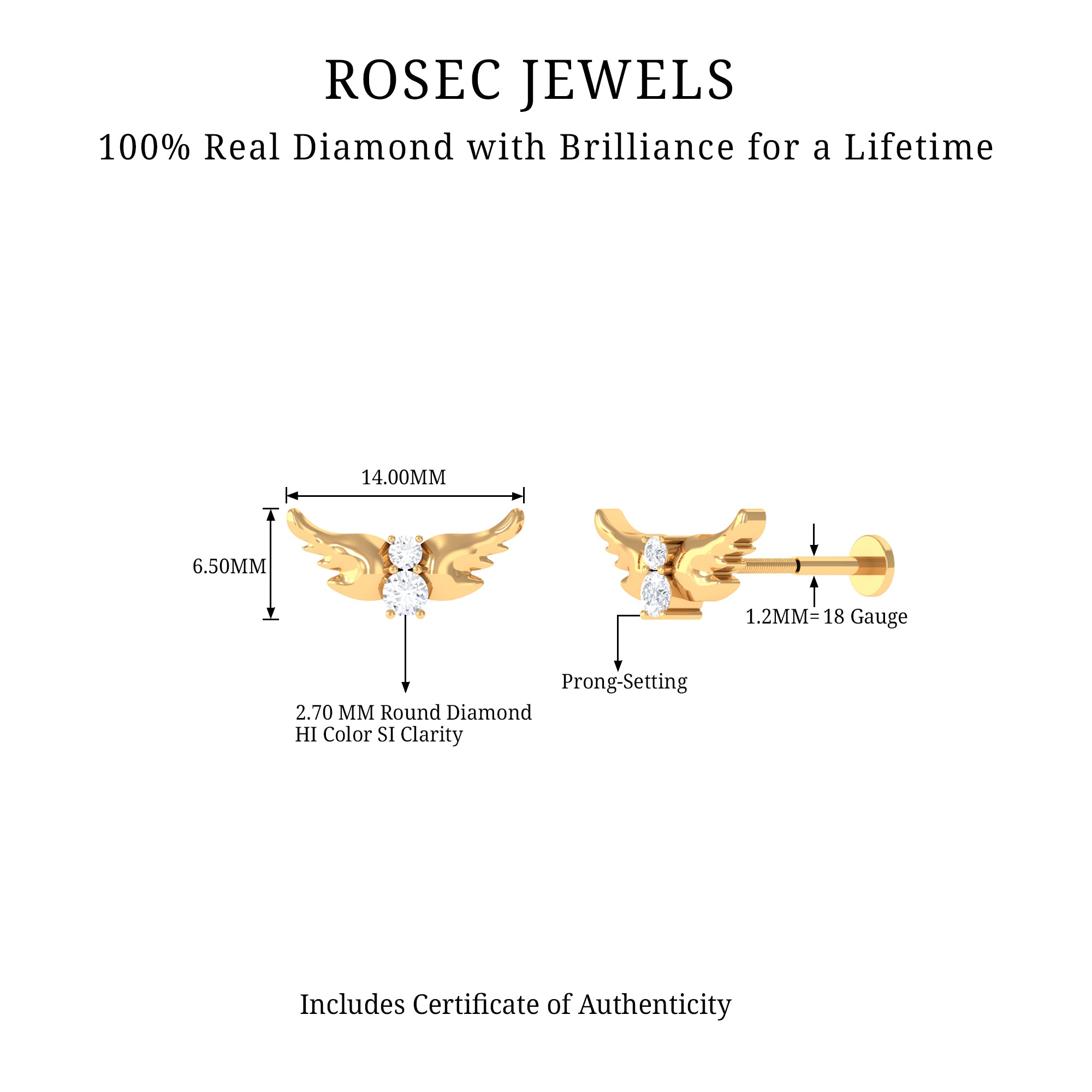 Animal Inspired Diamond Bird Earring for Helix Piercing Natural - ( HI-SI ) - Rosec Jewels