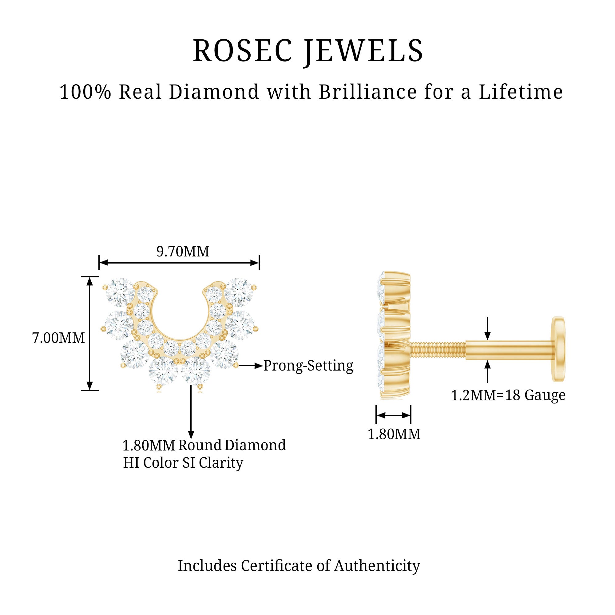 Real Diamond Horseshoe Earring for Helix Piercing Natural - ( HI-SI ) - Rosec Jewels