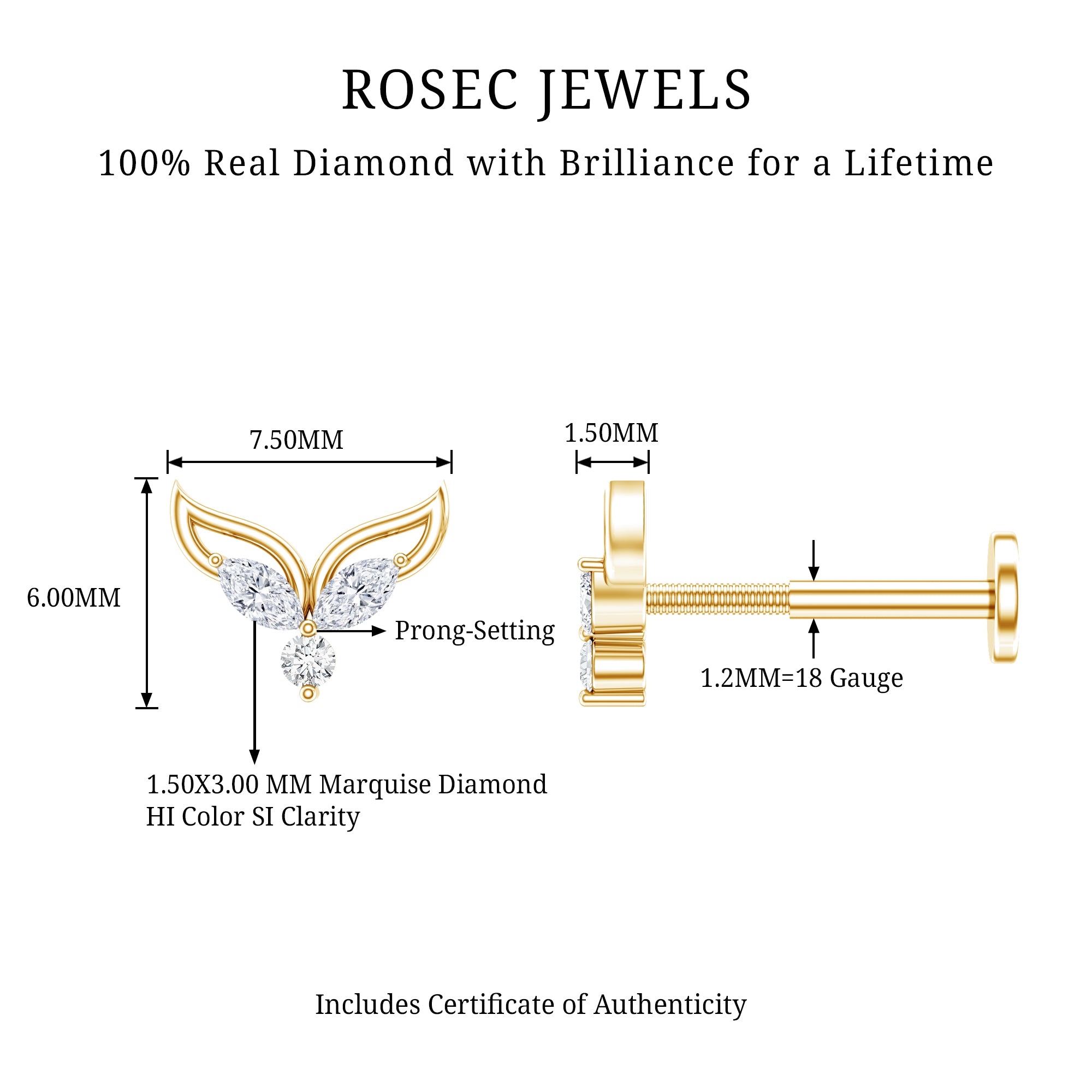 Marquise Diamond Leaf Earring for Cartilage Piercing Natural - ( HI-SI ) - Rosec Jewels