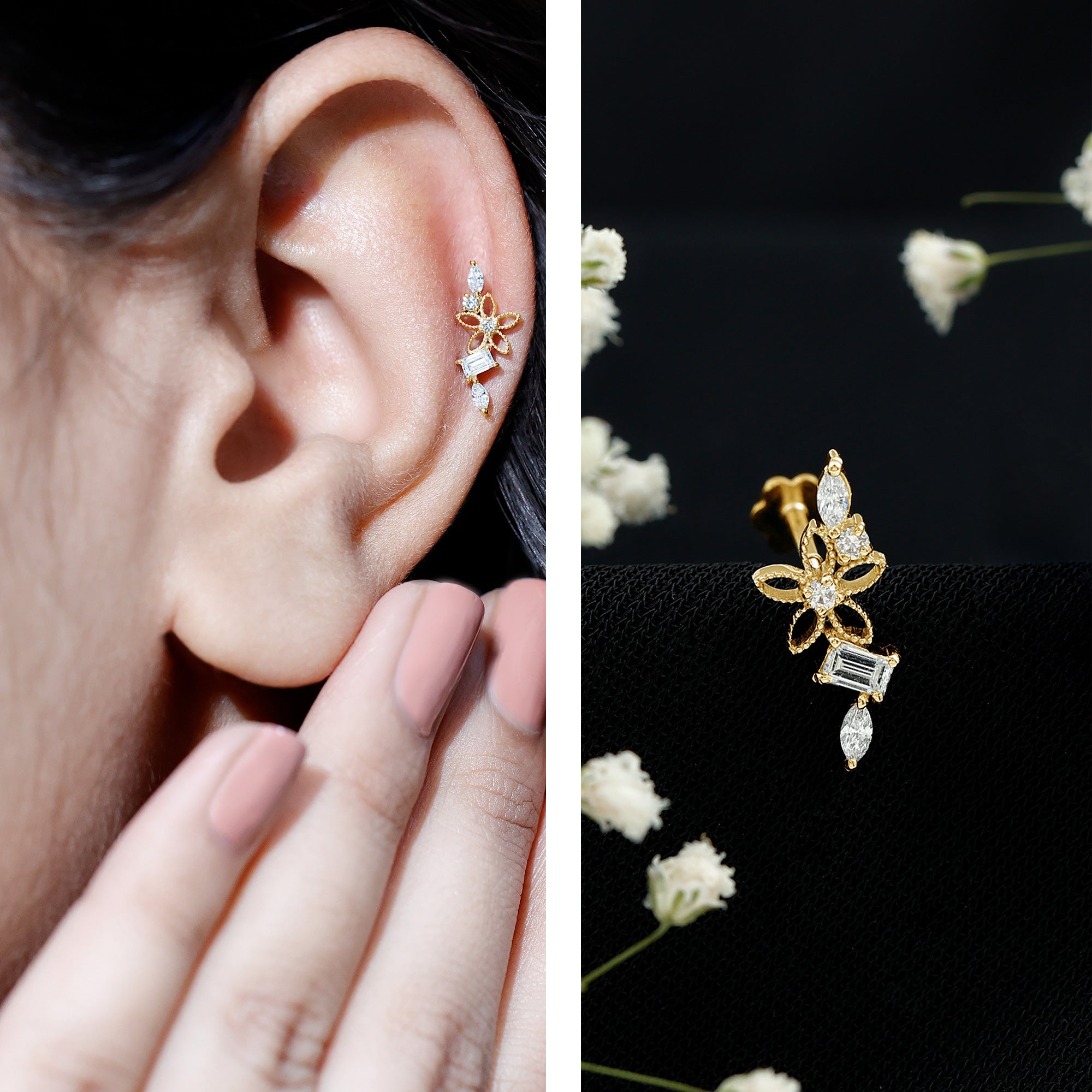 Real Diamond Flower Crawler Earring for Helix Piercing Natural - ( HI-SI ) - Rosec Jewels