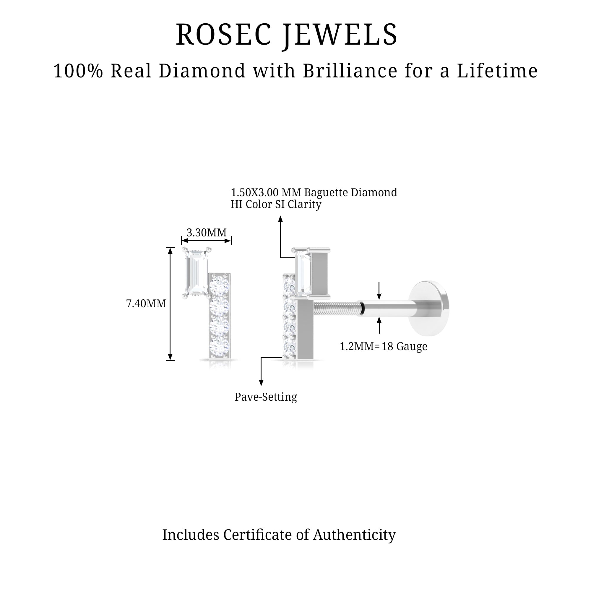 Minimalist Diamond Tragus Piercing Earring Natural - ( HI-SI ) - Rosec Jewels