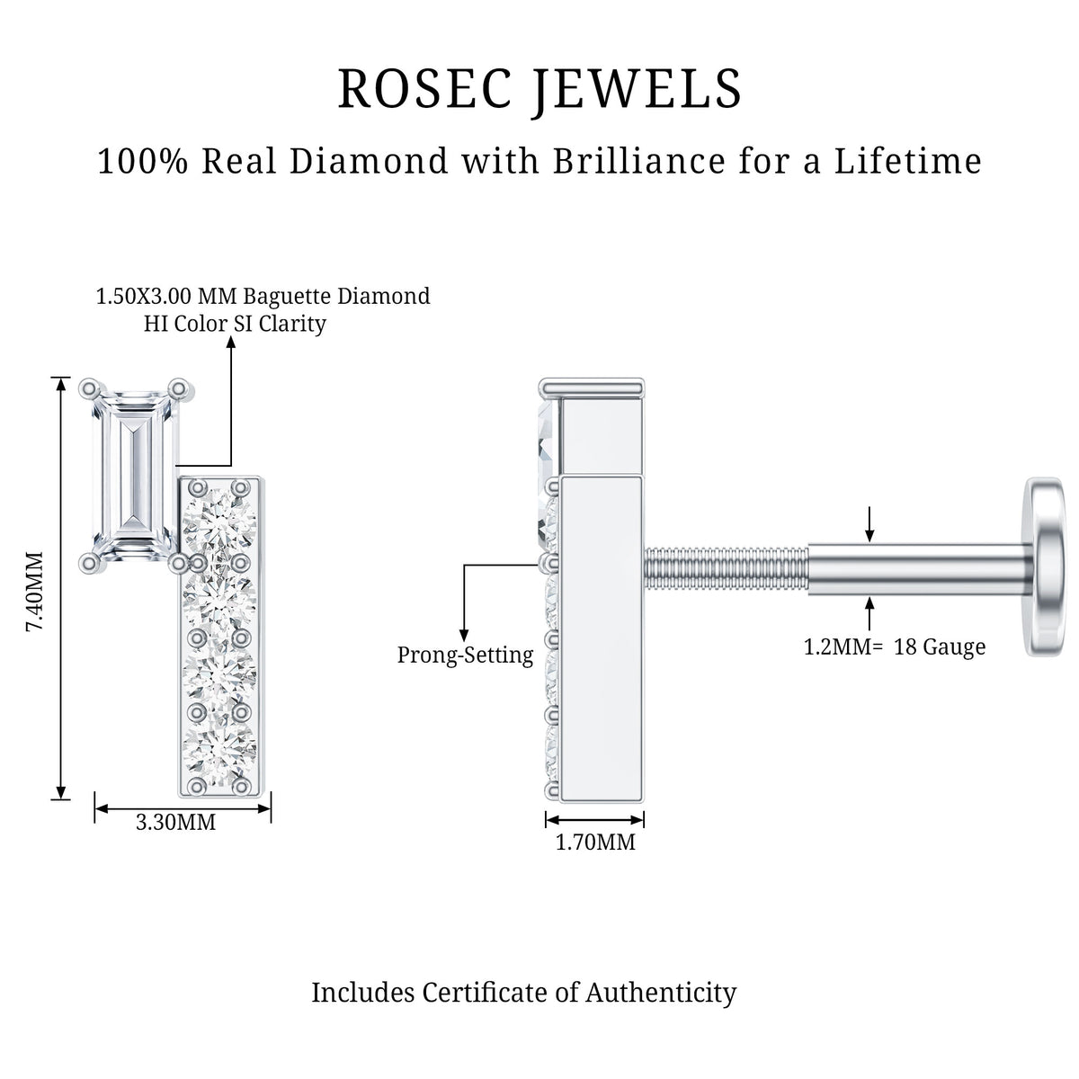 Minimalist Diamond Tragus Piercing Earring Natural - ( HI-SI ) - Rosec Jewels