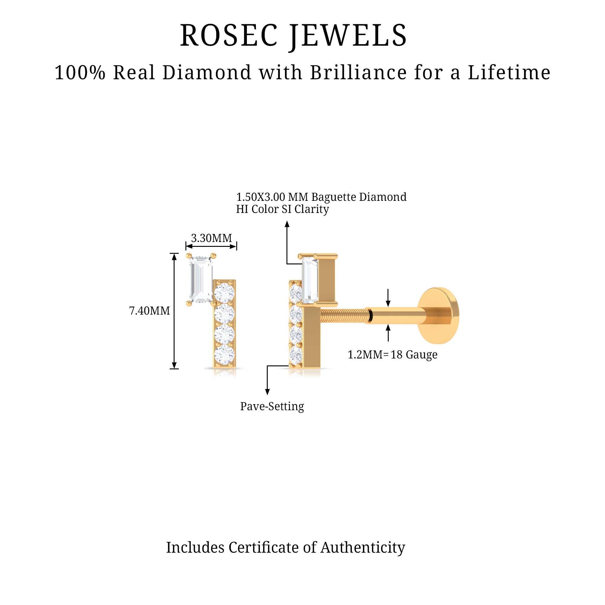 Minimalist Diamond Tragus Piercing Earring Natural - ( HI-SI ) - Rosec Jewels