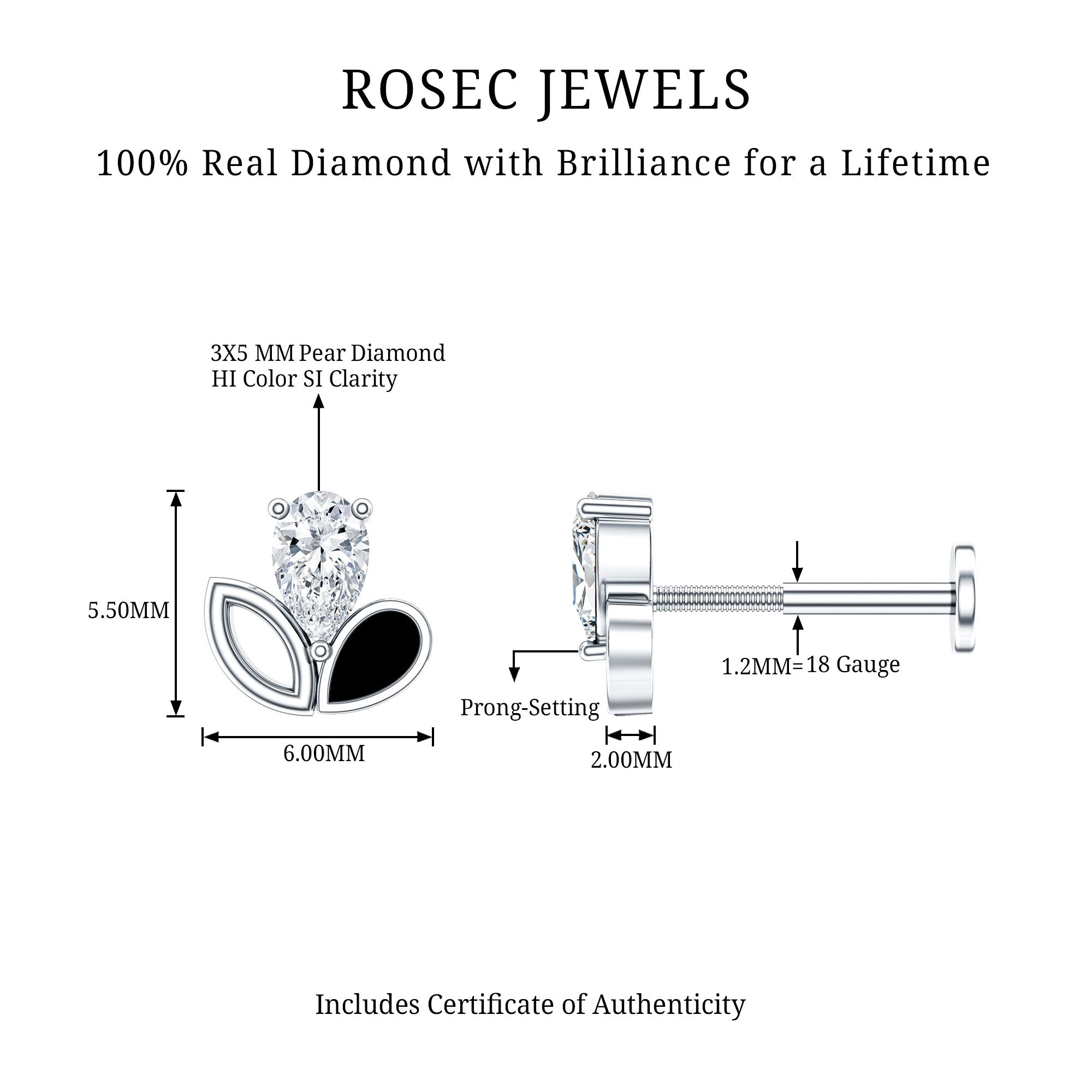 Pear Shape Diamond Leaf Earring for Helix Piercing Natural - ( HI-SI ) - Rosec Jewels