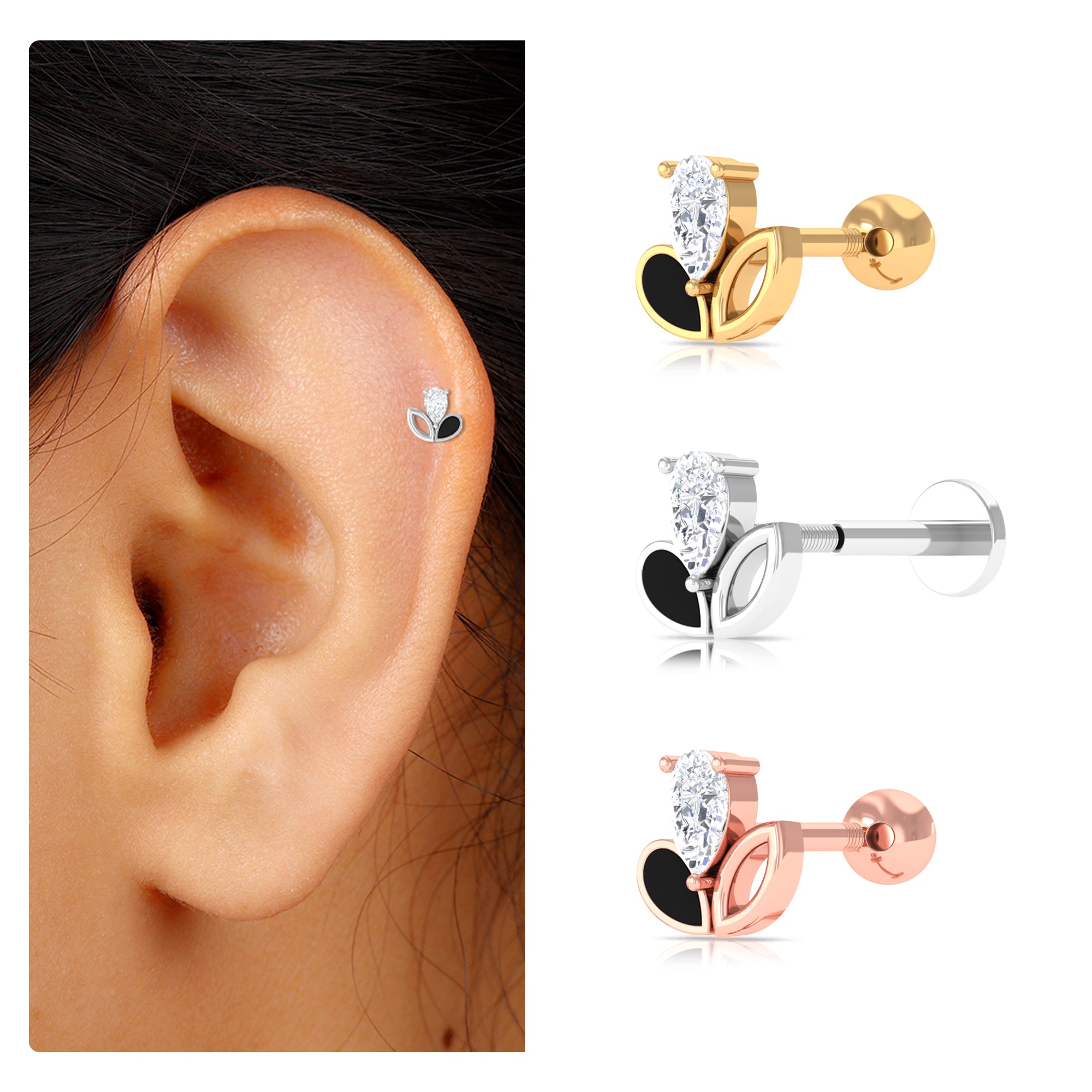 Pear Shape Diamond Leaf Earring for Helix Piercing Natural - ( HI-SI ) - Rosec Jewels