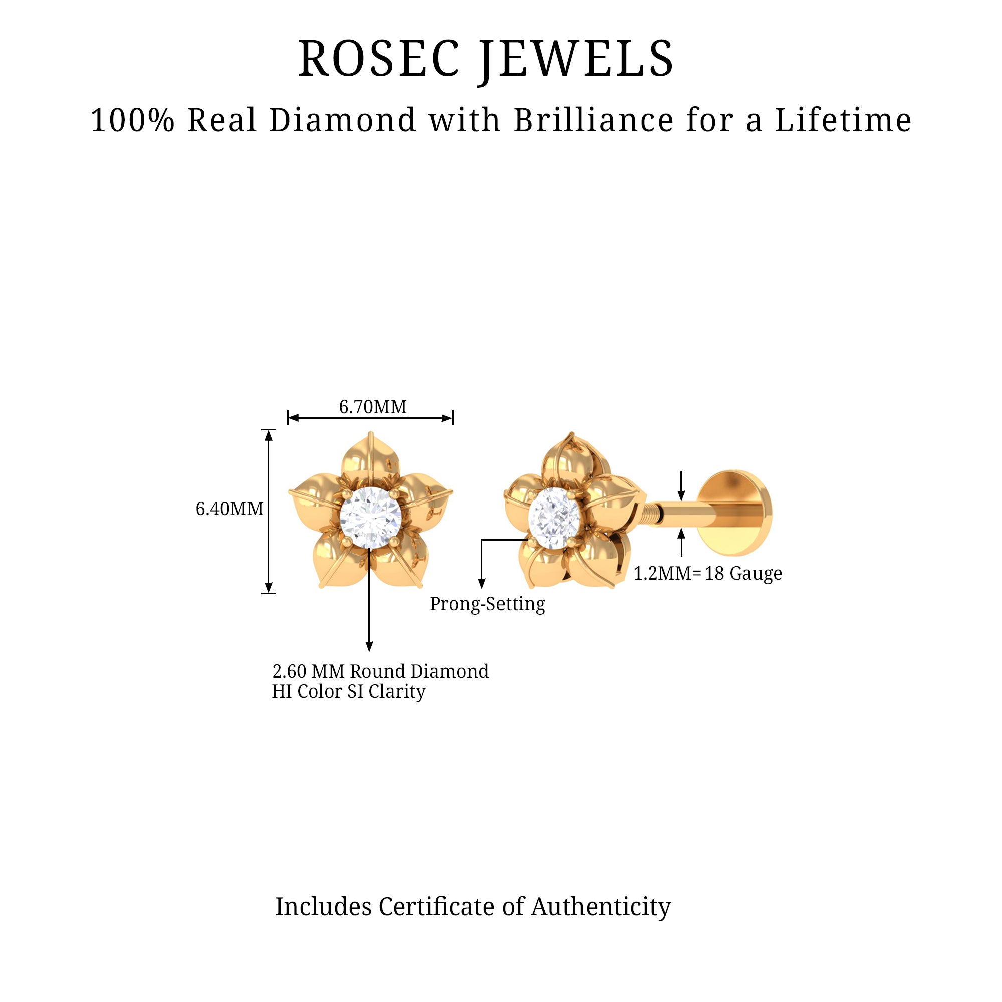 Minimal Diamond Flower Earring for Helix Piercing Natural - ( HI-SI ) - Rosec Jewels