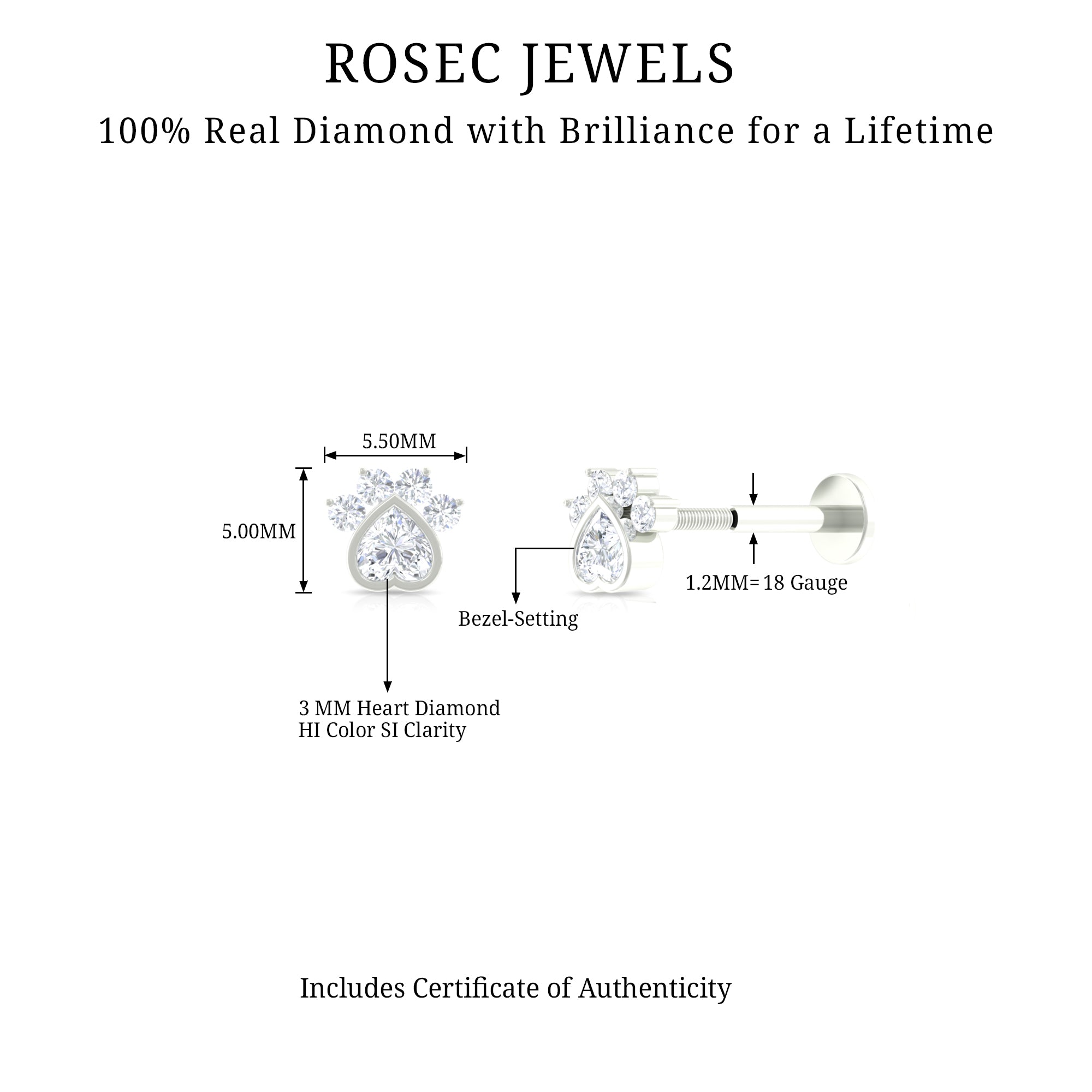 Heart Shape Diamond Dog Paw Print Earring Natural - ( HI-SI ) - Rosec Jewels