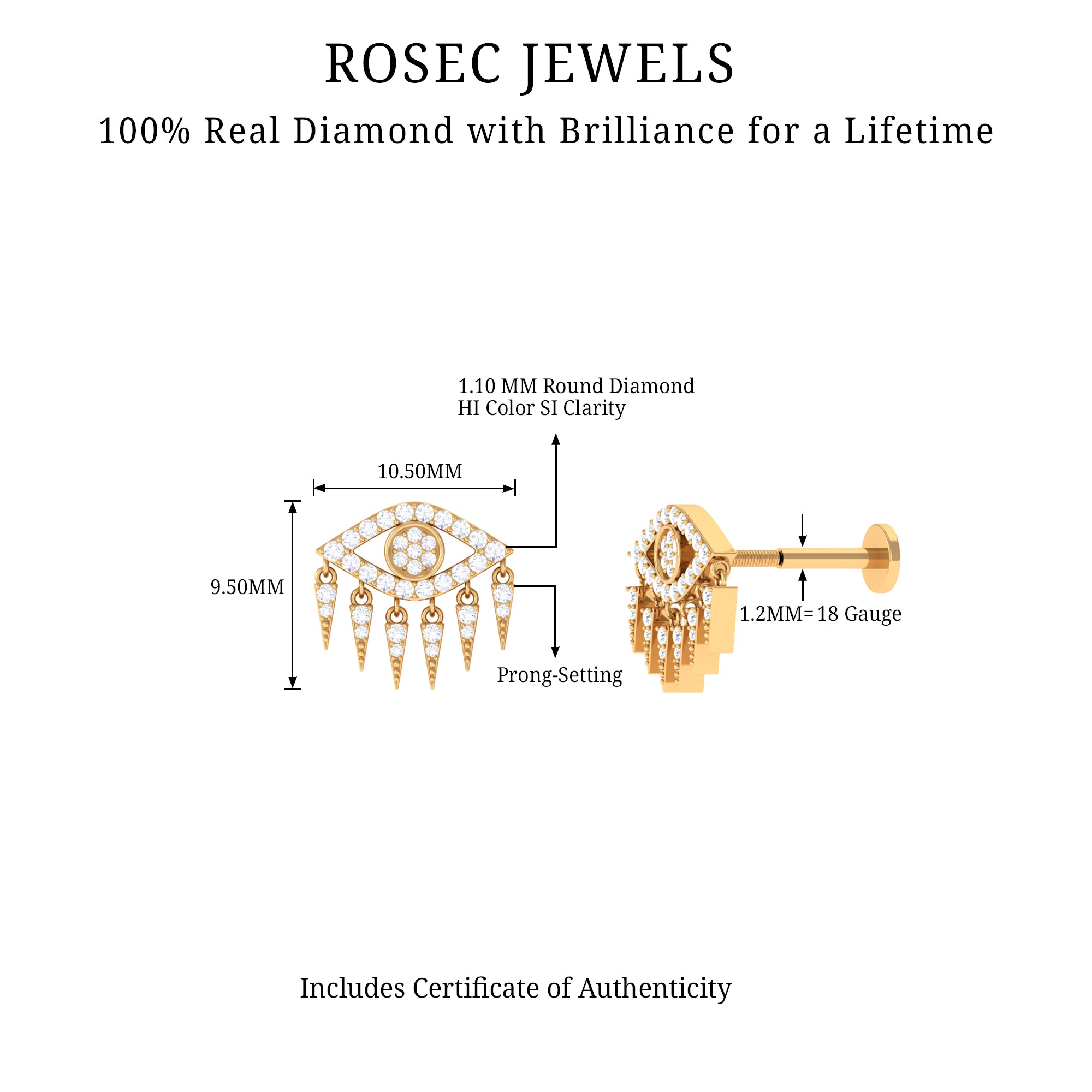 Diamond Evil Eye Earring for Upper Lobe Piercing Natural - ( HI-SI ) - Rosec Jewels