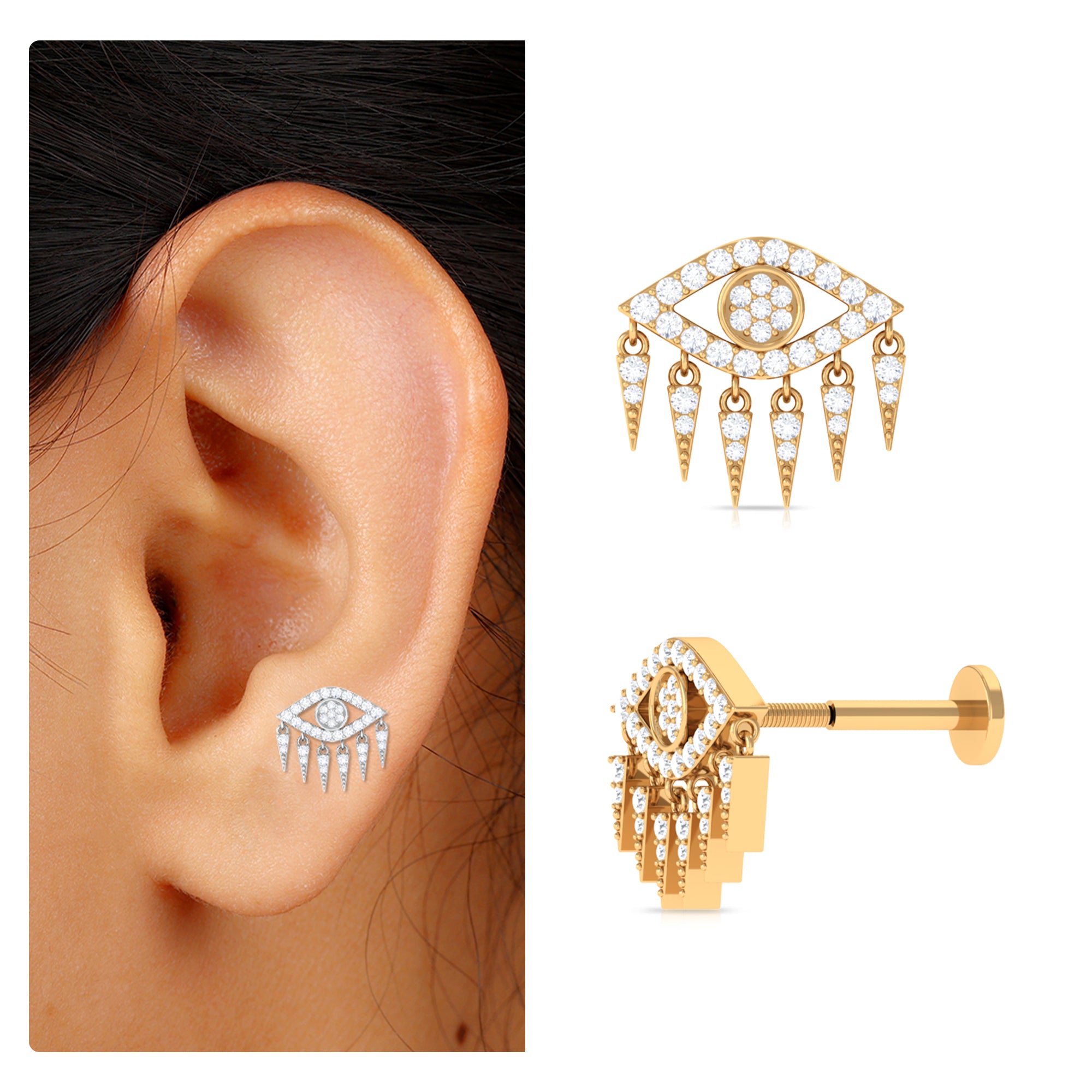 Diamond Evil Eye Earring for Upper Lobe Piercing Natural - ( HI-SI ) - Rosec Jewels