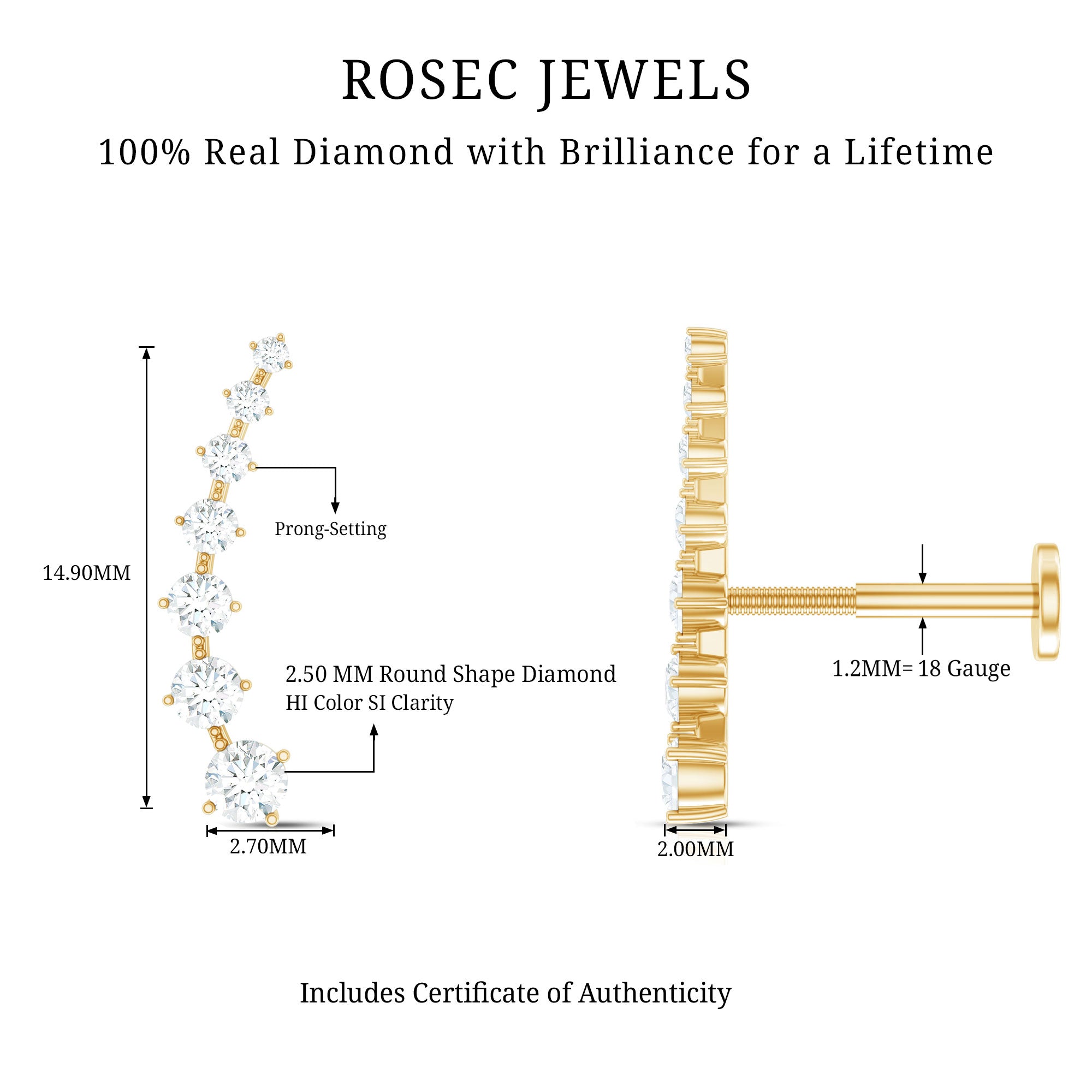 Brilliant Cut Diamond Ear Climber Earring for Helix Piercing Natural - ( HI-SI ) - Rosec Jewels