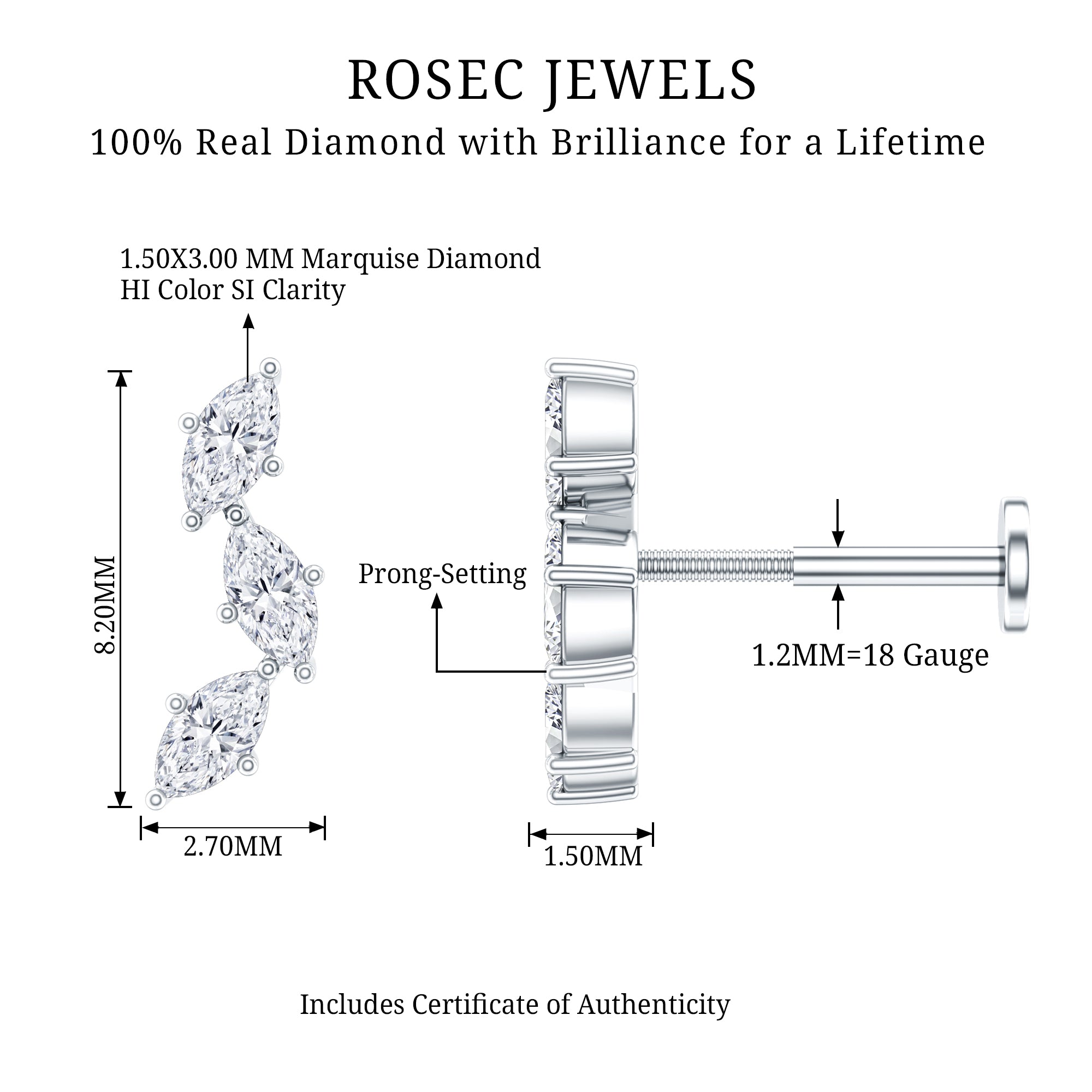Classic Marquise Diamond Helix Earring Natural - ( HI-SI ) - Rosec Jewels