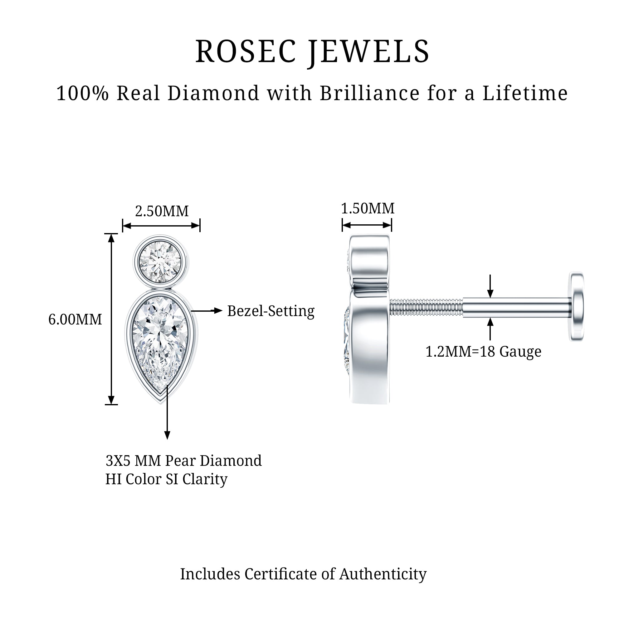 Minimal Pear Diamond Tragus Earring in Bezel Setting Natural - ( HI-SI ) - Rosec Jewels