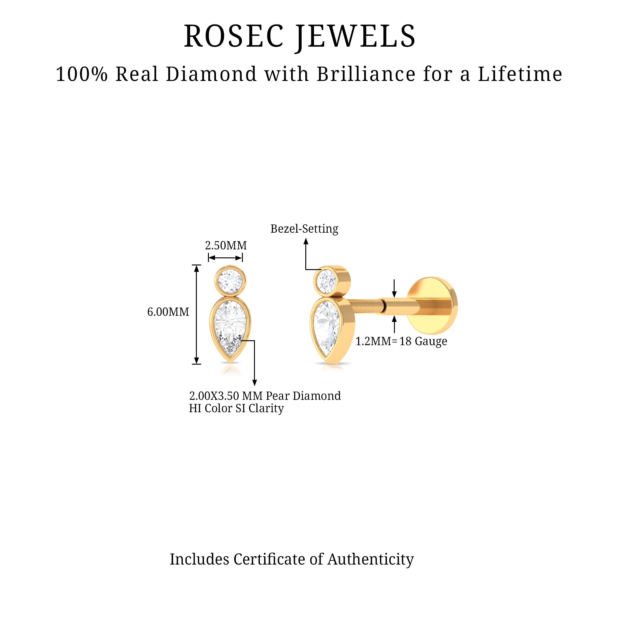 Minimal Pear Diamond Tragus Earring in Bezel Setting Natural - ( HI-SI ) - Rosec Jewels