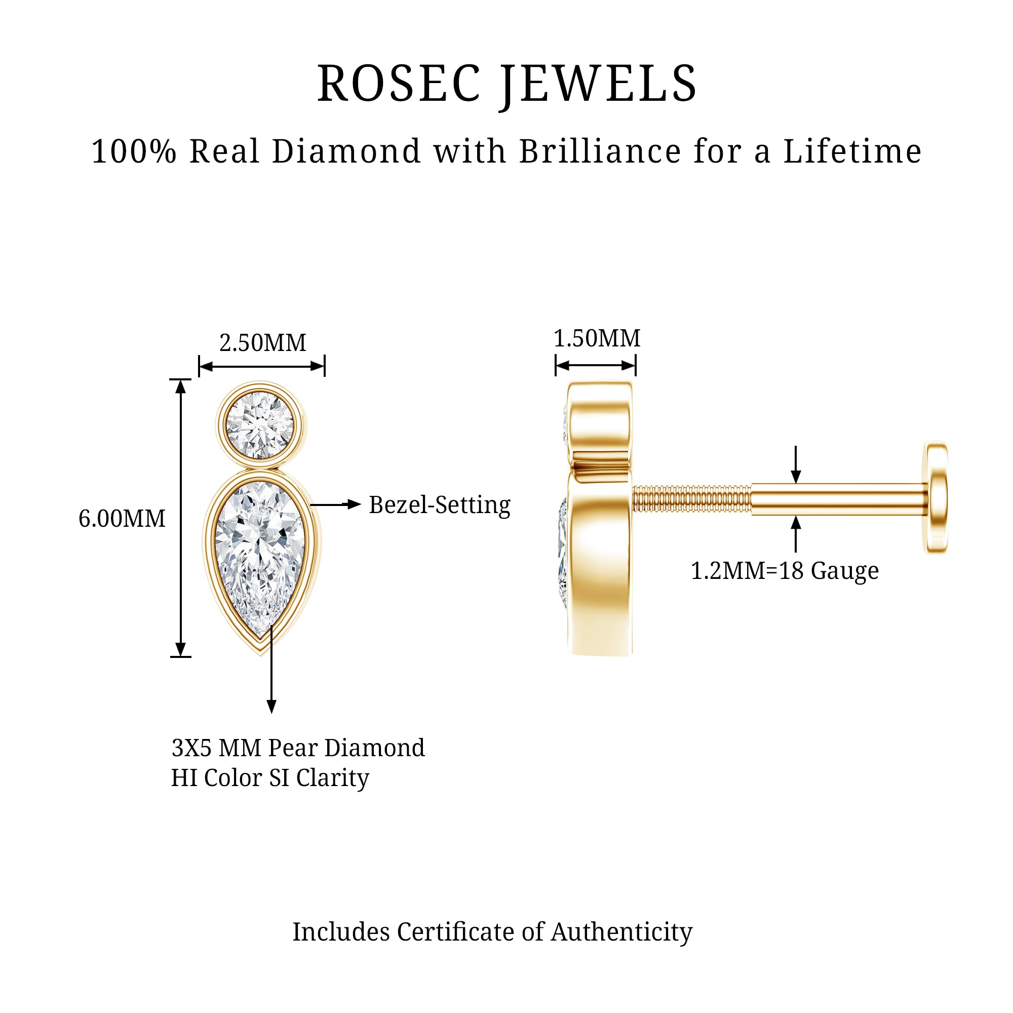 Minimal Pear Diamond Tragus Earring in Bezel Setting Natural - ( HI-SI ) - Rosec Jewels
