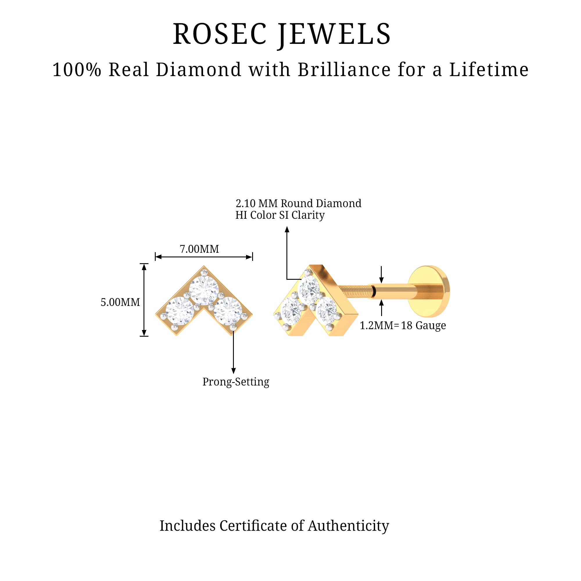 Certified Diamond Chevron V Earring for Tragus Piercing Natural - ( HI-SI ) - Rosec Jewels