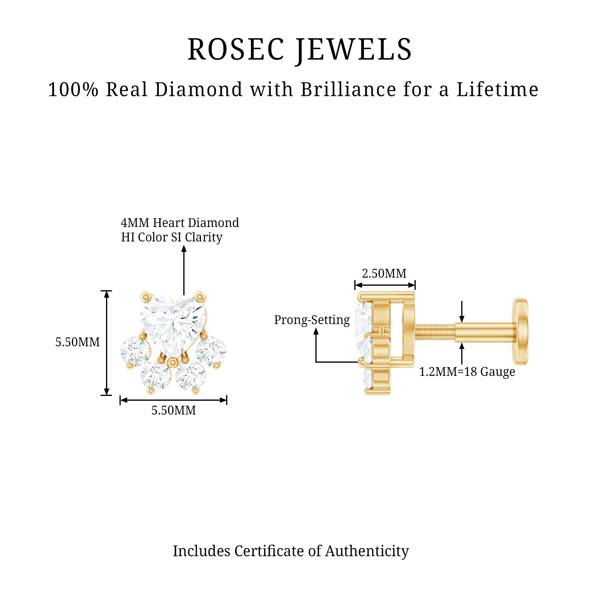 Heart Shape Diamond Dog Paw Earring for Helix Piercing Natural - ( HI-SI ) - Rosec Jewels