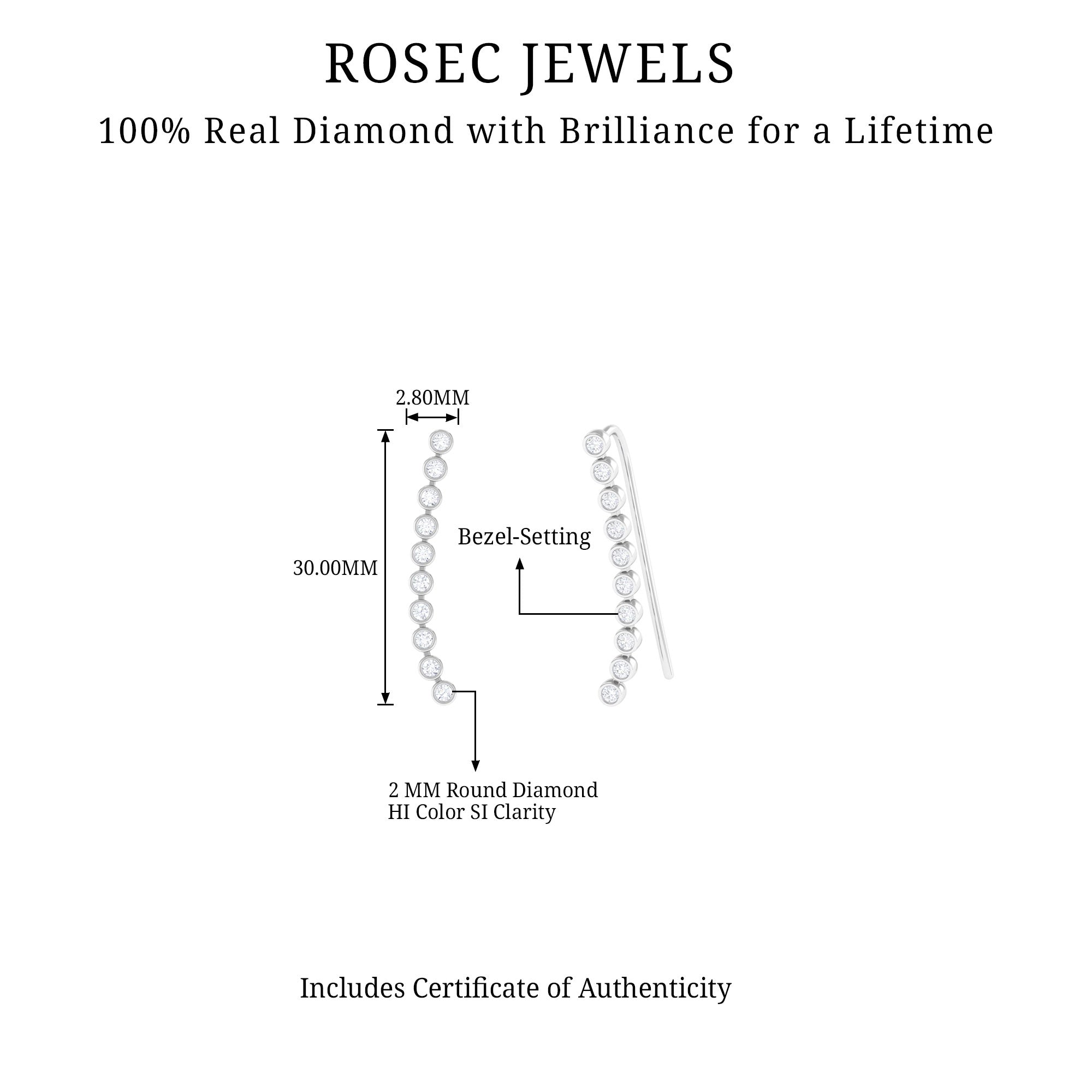 Diamond Ear Climber Earring for Cartilage Piercing Natural - ( HI-SI ) - Rosec Jewels