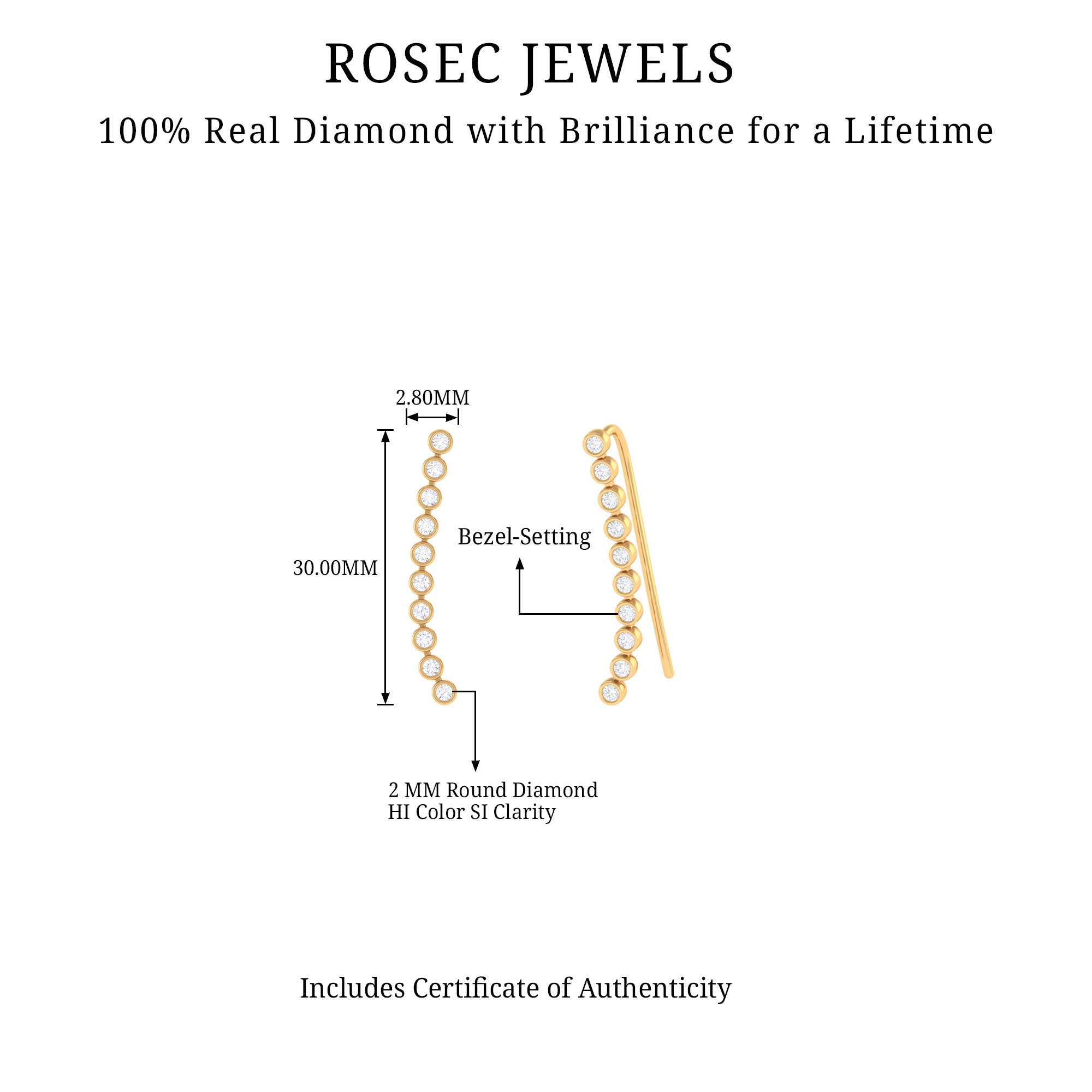 Diamond Ear Climber Earring for Cartilage Piercing Natural - ( HI-SI ) - Rosec Jewels