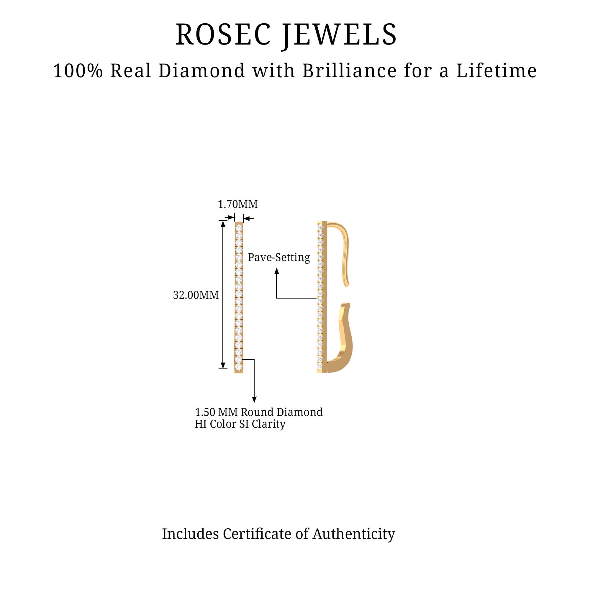Pave Set Diamond Bar Ear Cuff No Piercing Natural - ( HI-SI ) - Rosec Jewels