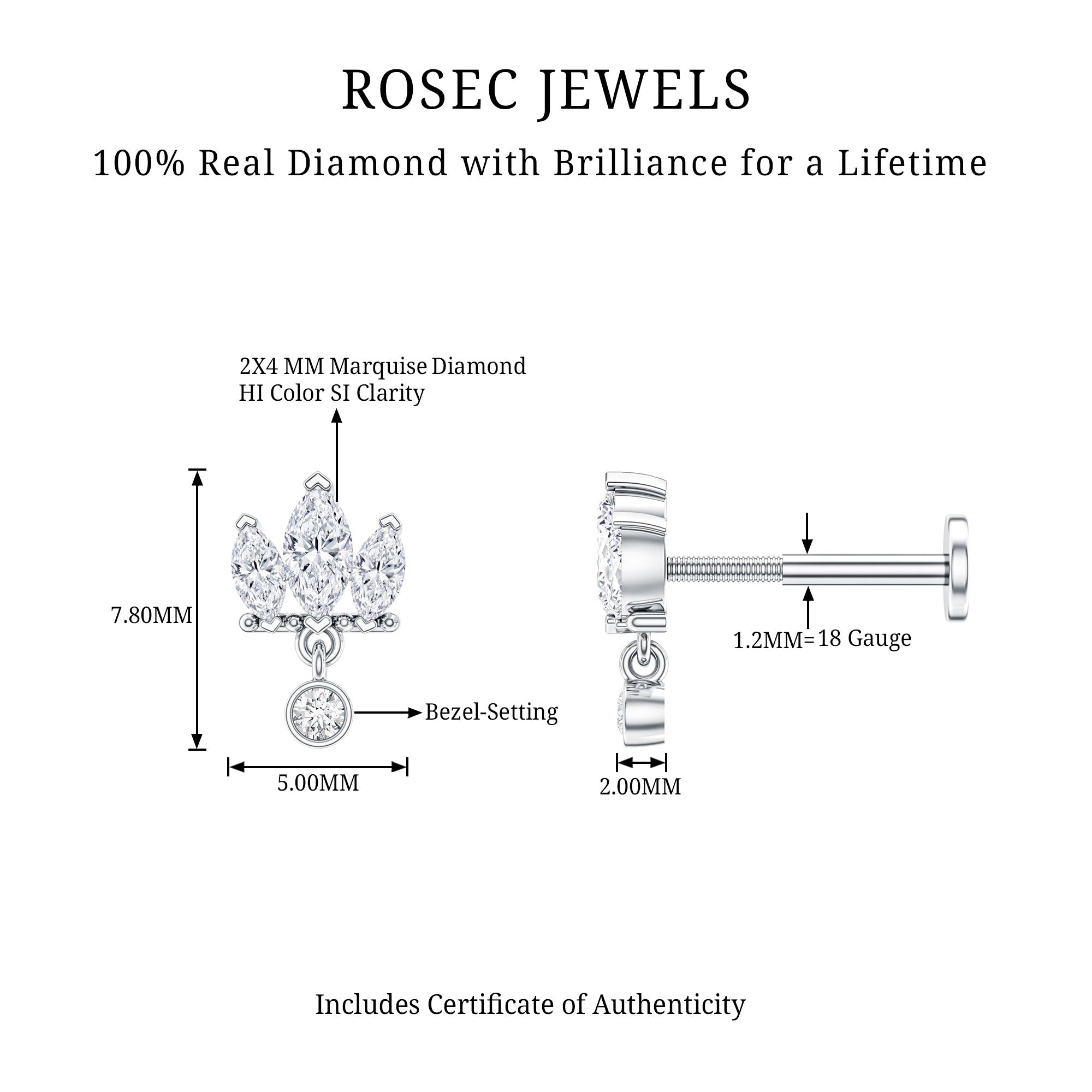 Three Marquise Shape Diamond Helix Drop Earring Natural - ( HI-SI ) - Rosec Jewels