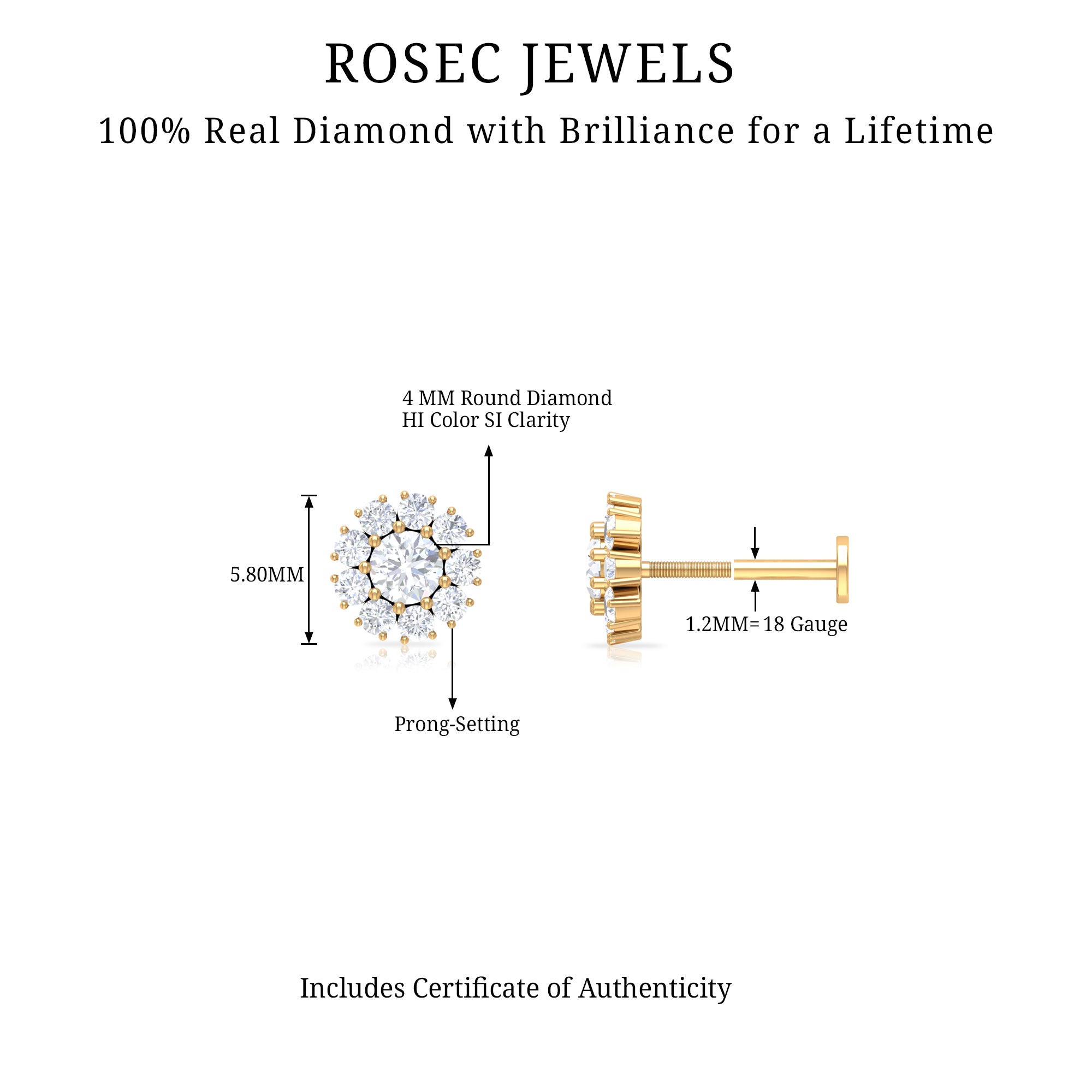 Rosec Jewels-Certified Diamond Cluster Stud Earring with Flat Back