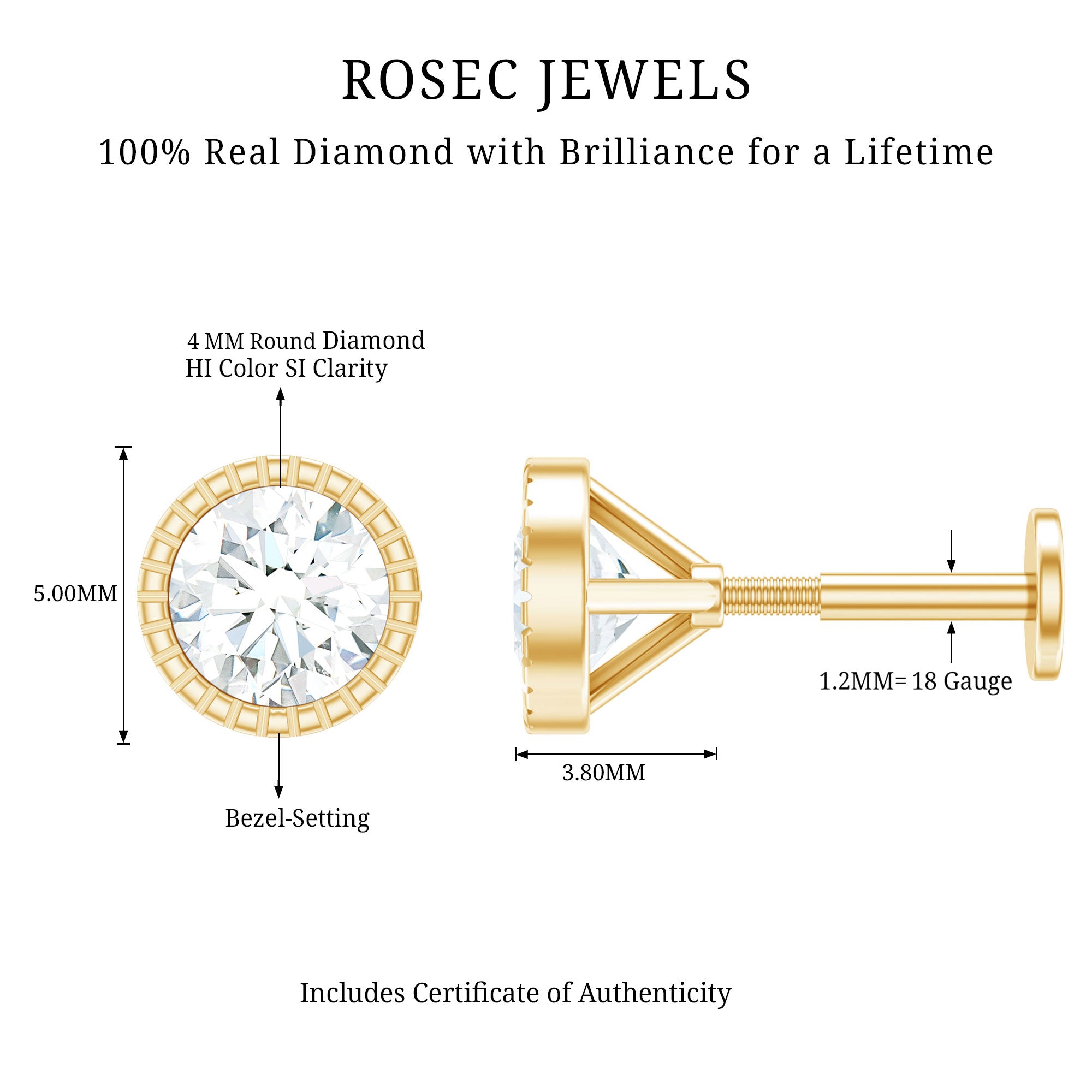 Bezel Set Diamond Solitaire Stud Earring for Helix Piercing Natural - ( HI-SI ) - Rosec Jewels