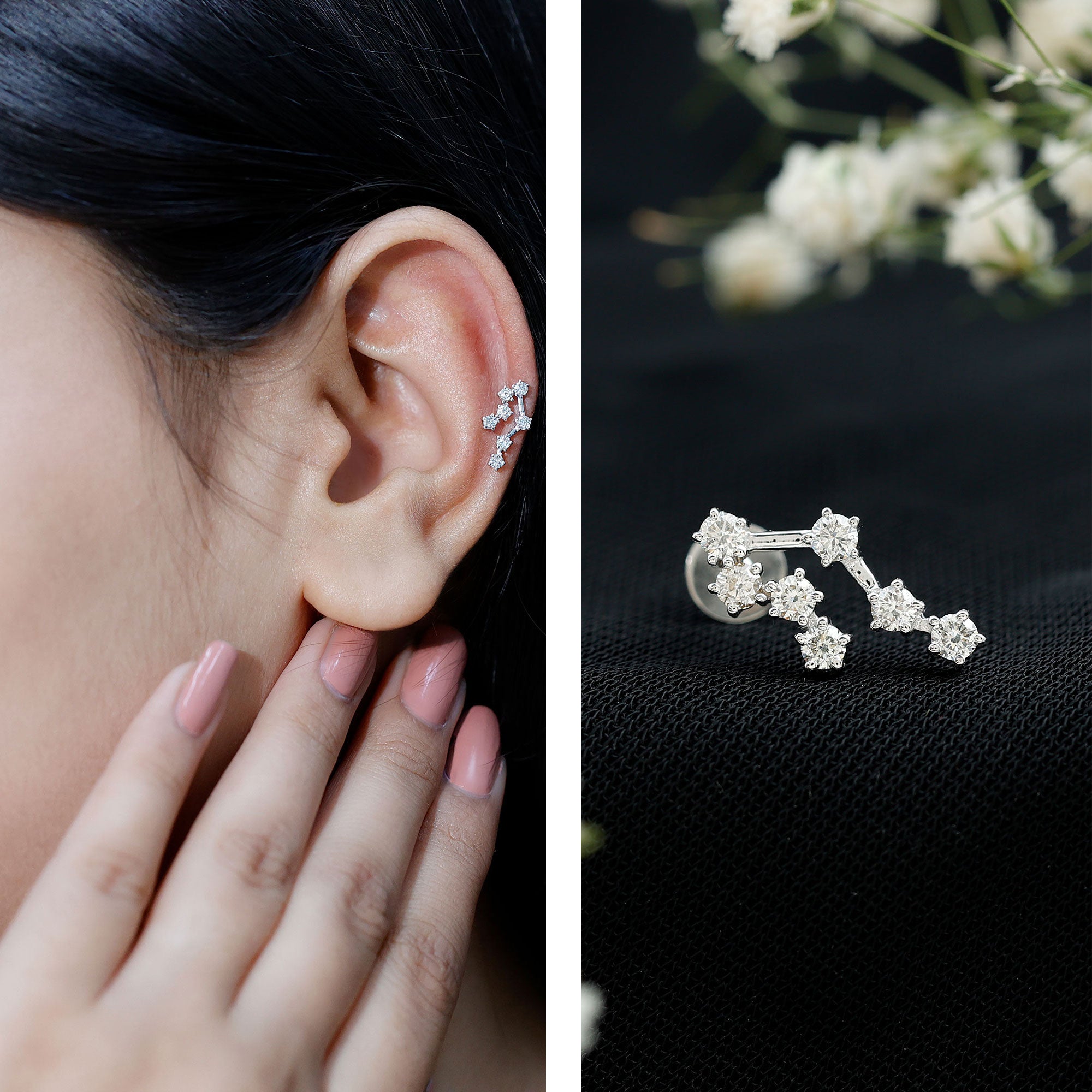 Round Diamond Gemini Zodiac Cartilage Earring Natural - ( HI-SI ) - Rosec Jewels