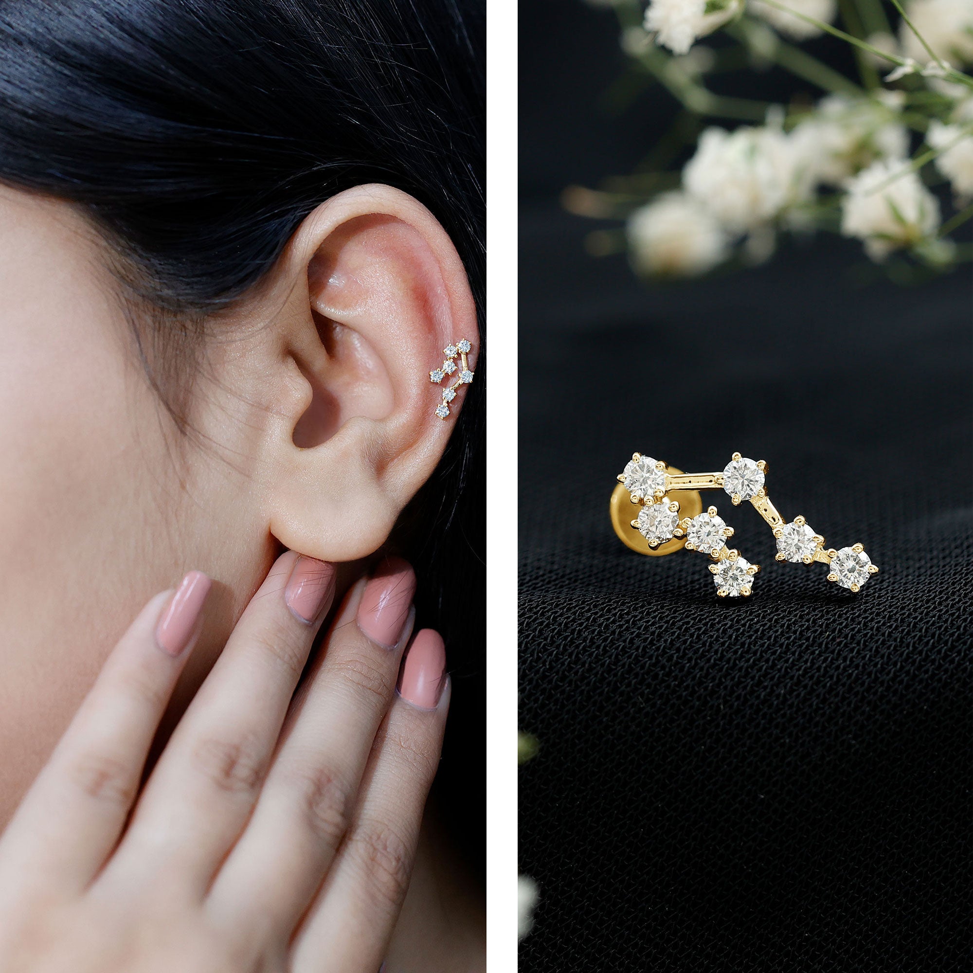 Round Diamond Gemini Zodiac Cartilage Earring Natural - ( HI-SI ) - Rosec Jewels
