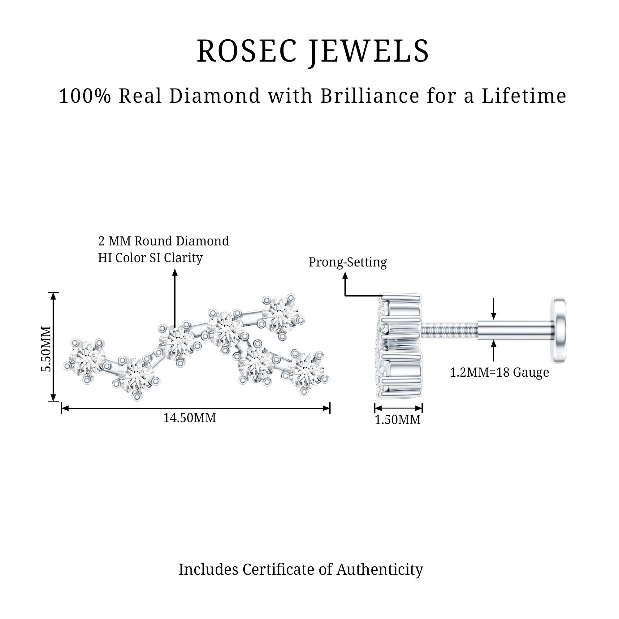 Diamond Virgo Constellation Earring for Cartilage Piercing Natural - ( HI-SI ) - Rosec Jewels
