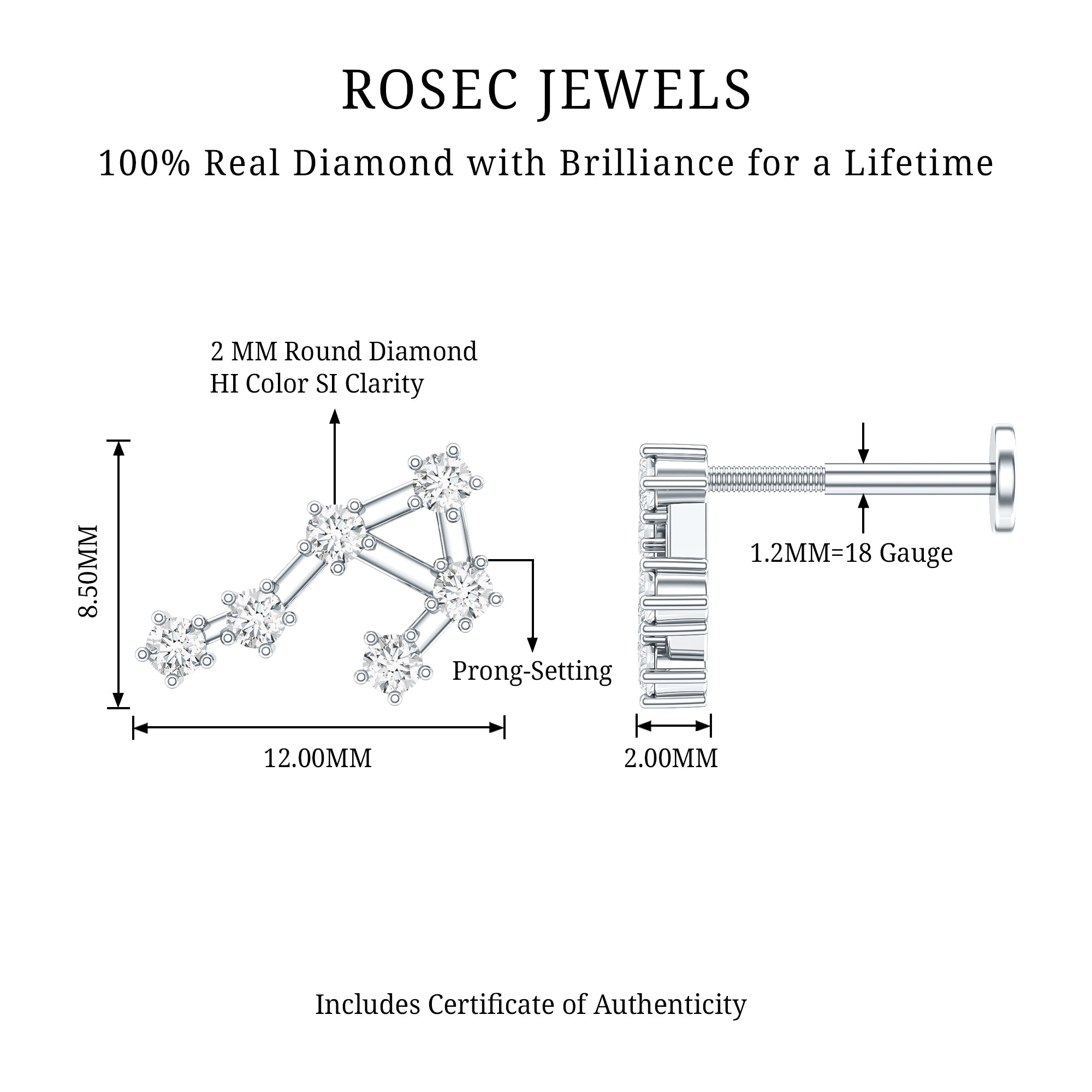 Certified Diamond Libra Constellation Piercing Earring Natural - ( HI-SI ) - Rosec Jewels