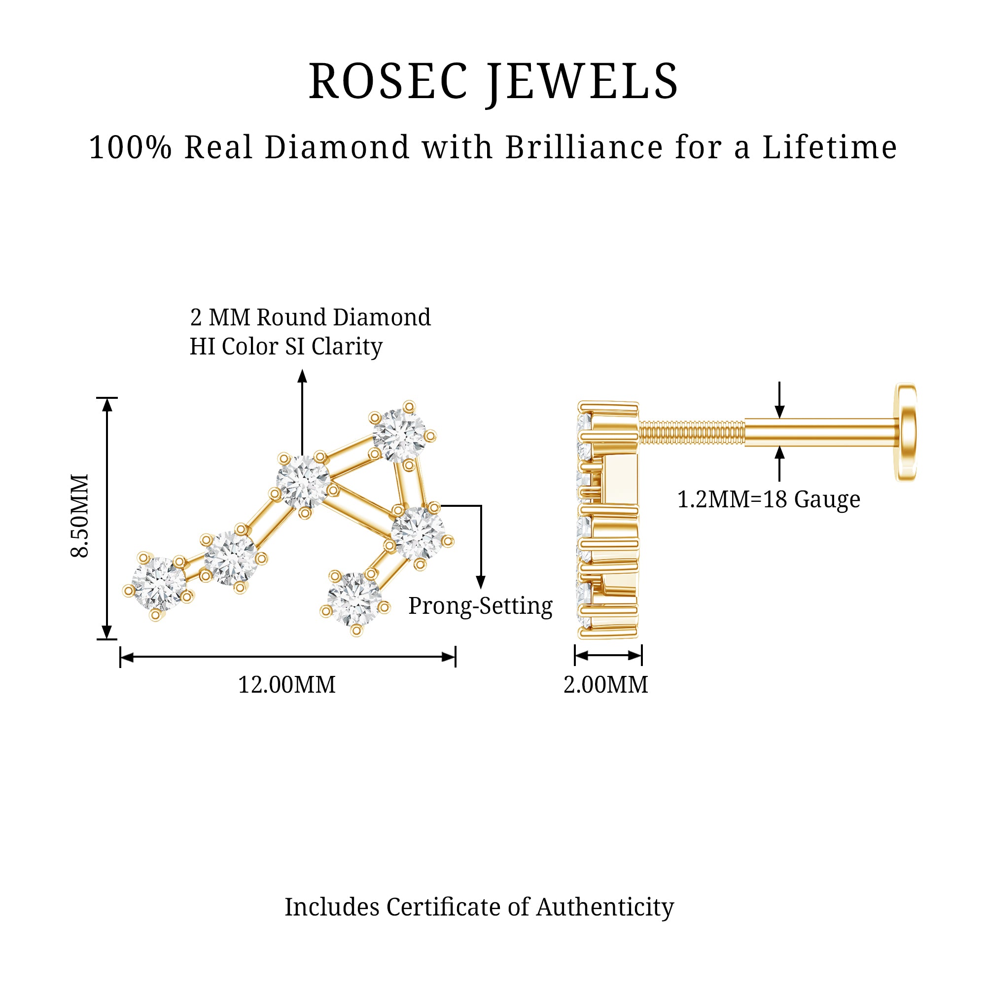 Certified Diamond Libra Constellation Piercing Earring Natural - ( HI-SI ) - Rosec Jewels