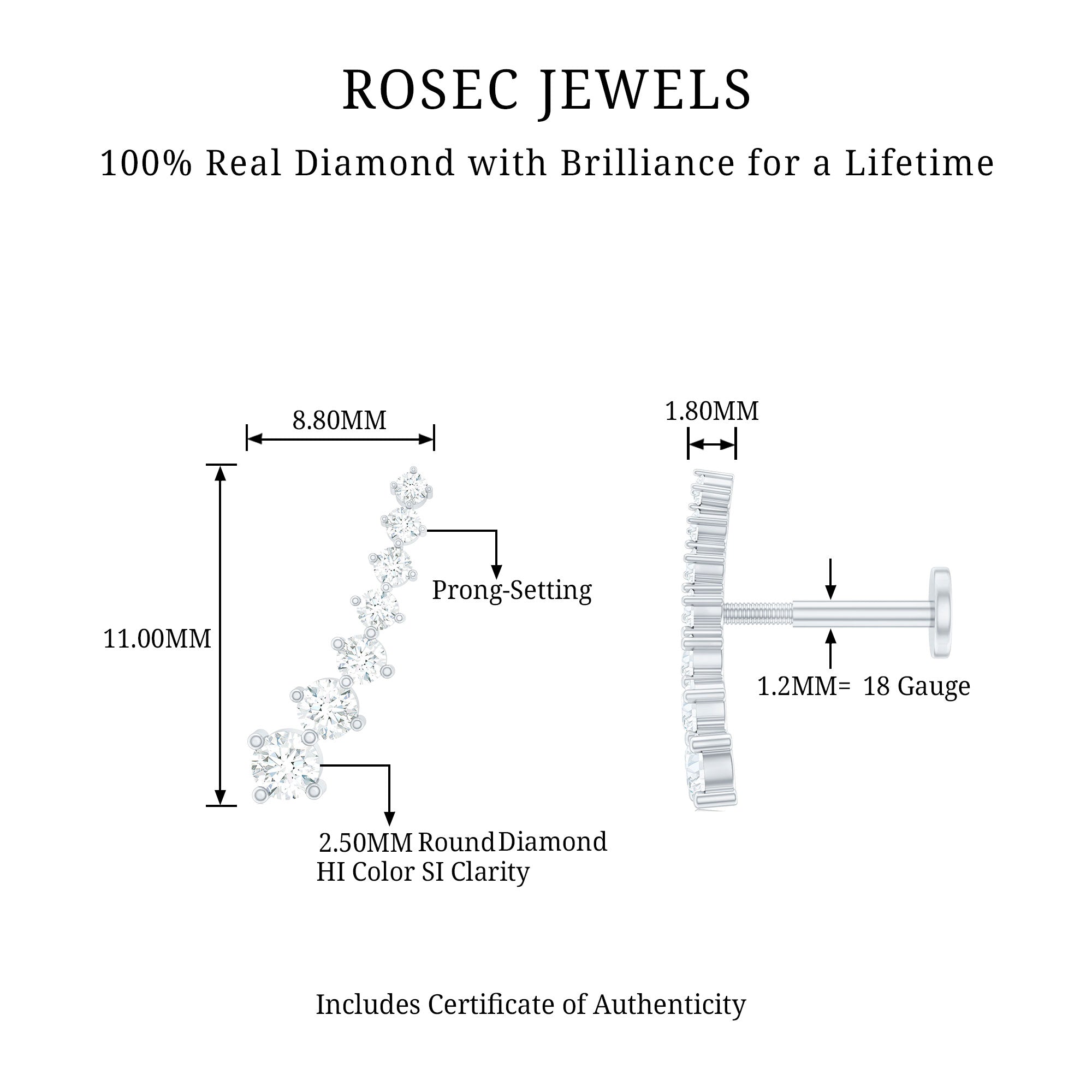 Graduated Style Diamond Ear Climber Earring Natural - ( HI-SI ) - Rosec Jewels