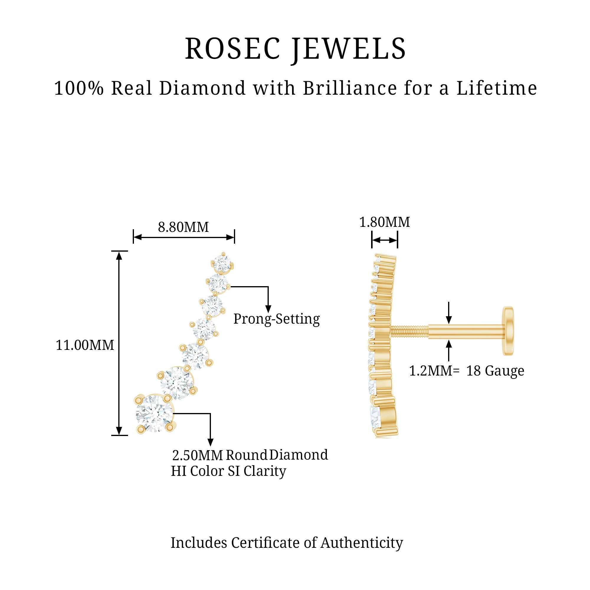 Graduated Style Diamond Ear Climber Earring Natural - ( HI-SI ) - Rosec Jewels