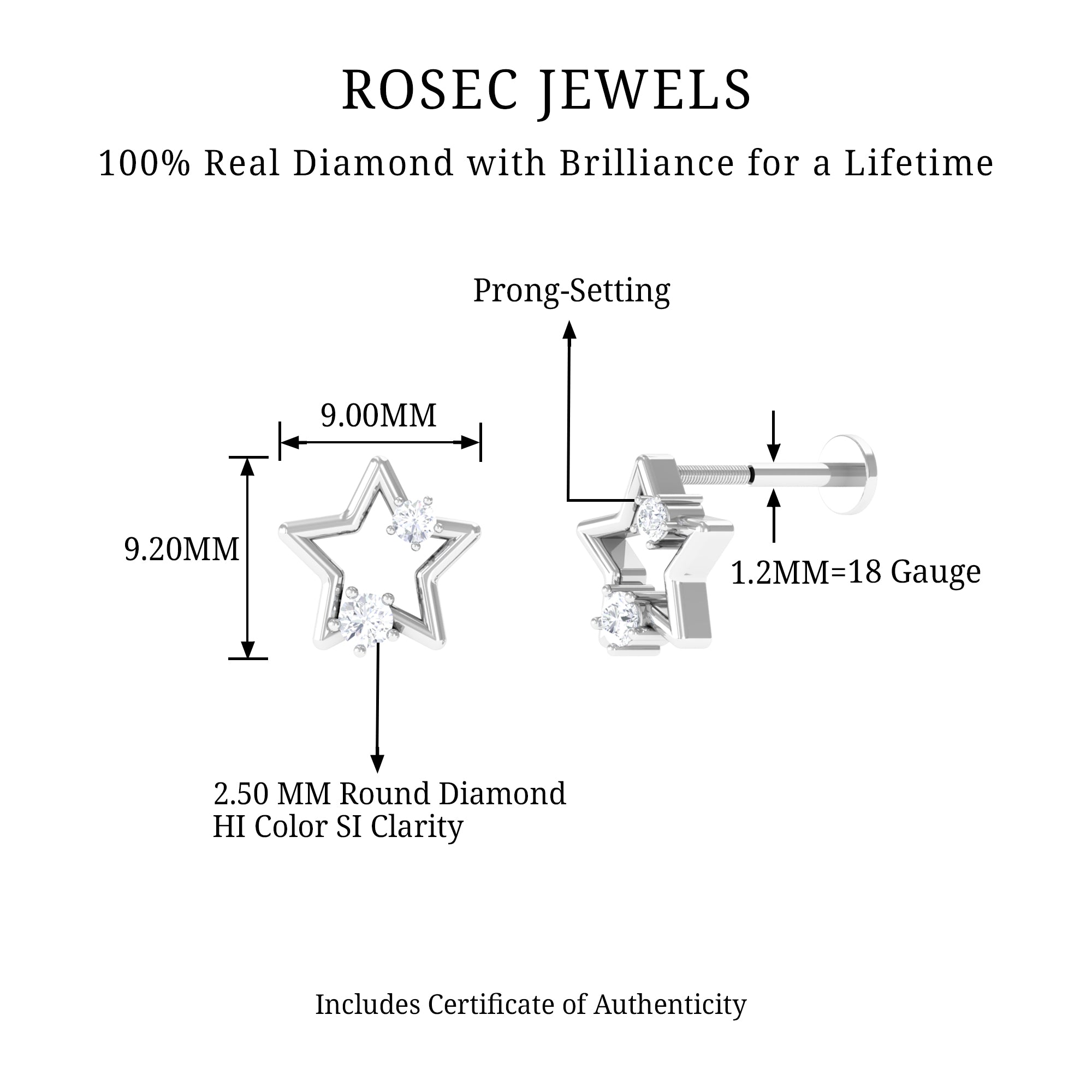 Certified Diamond Star Earring for Upper Lobe Piercing Natural - ( HI-SI ) - Rosec Jewels