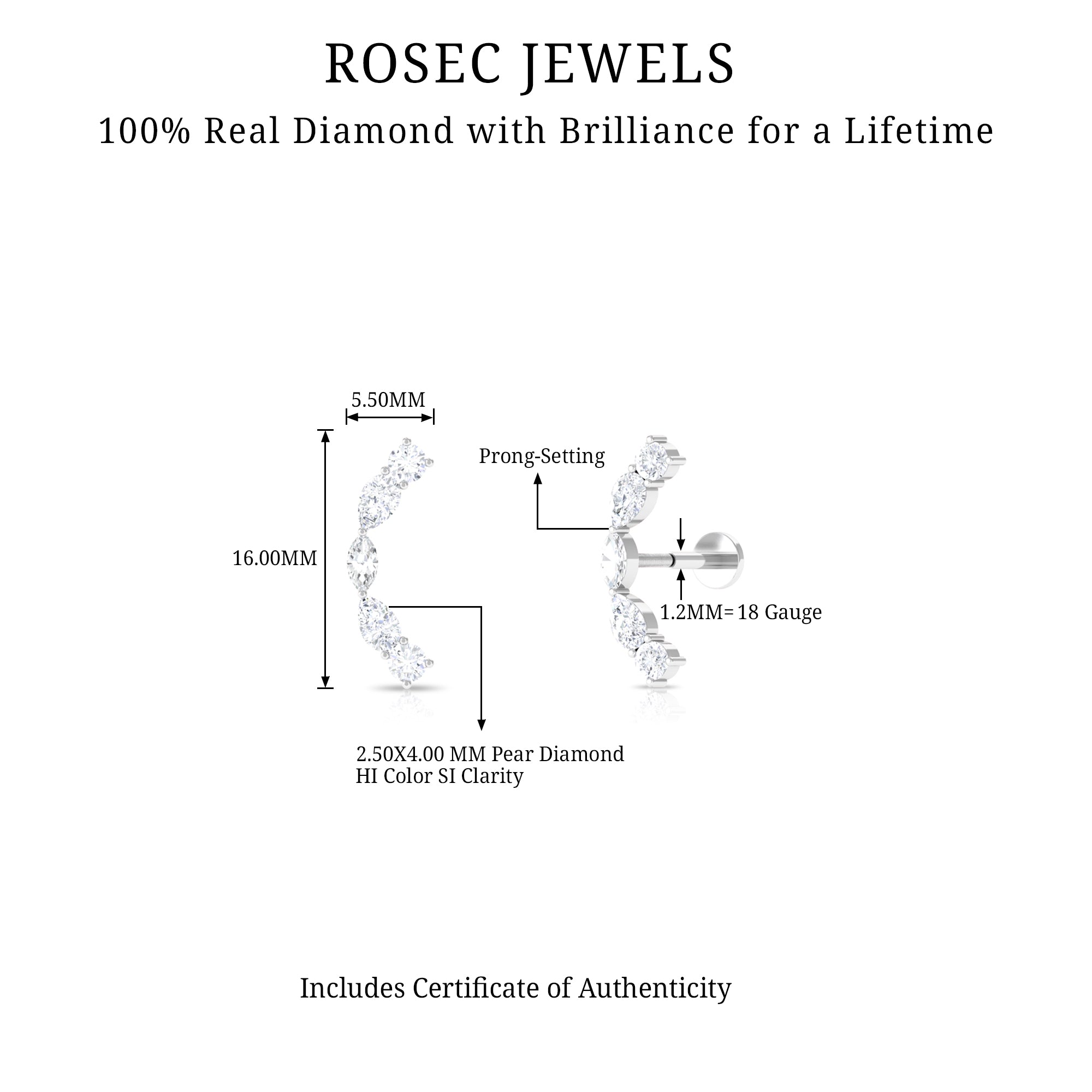 Pear Diamond Ear Crawler Earring for Helix Piercing Natural - ( HI-SI ) - Rosec Jewels