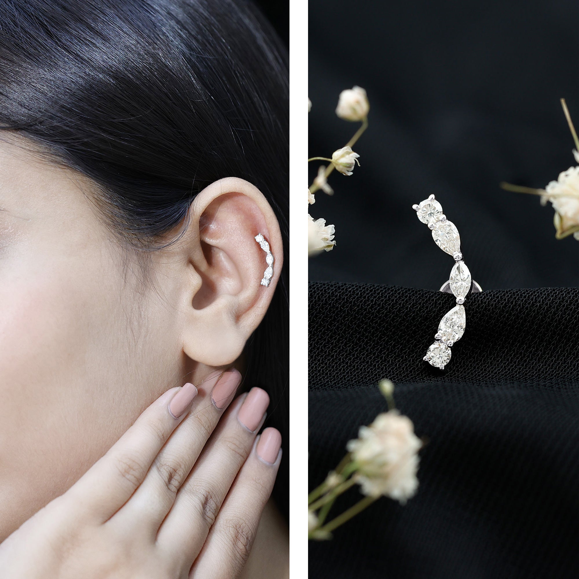 Pear Diamond Ear Crawler Earring for Helix Piercing Natural - ( HI-SI ) - Rosec Jewels
