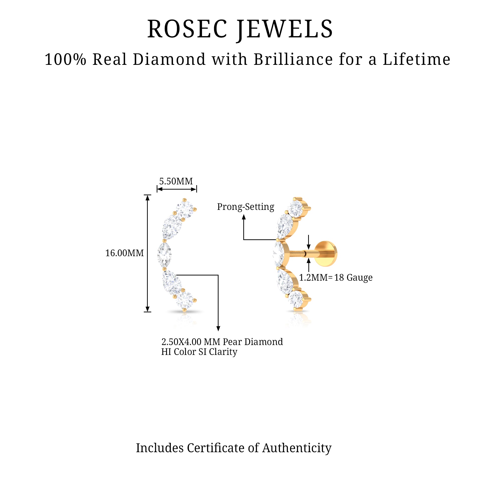 Pear Diamond Ear Crawler Earring for Helix Piercing Natural - ( HI-SI ) - Rosec Jewels