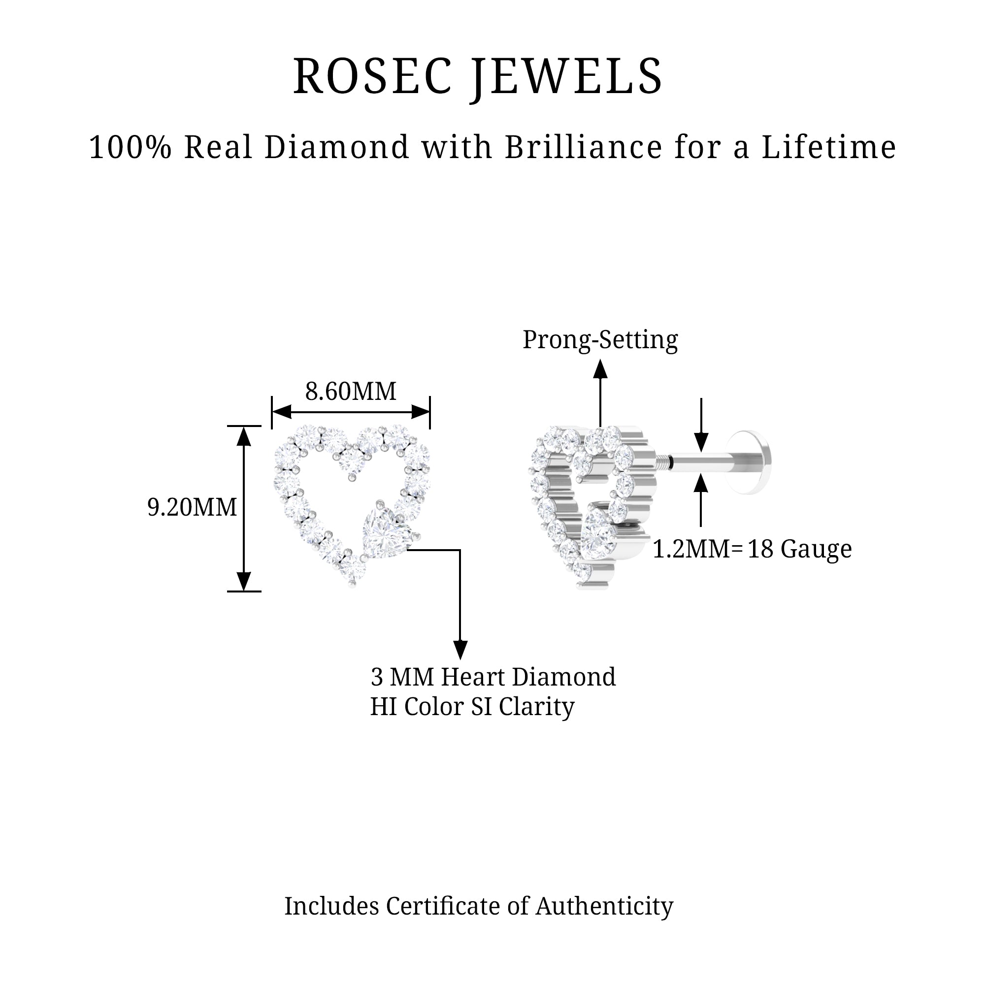 Diamond Heart Shape Cartilage Earring Natural - ( HI-SI ) - Rosec Jewels