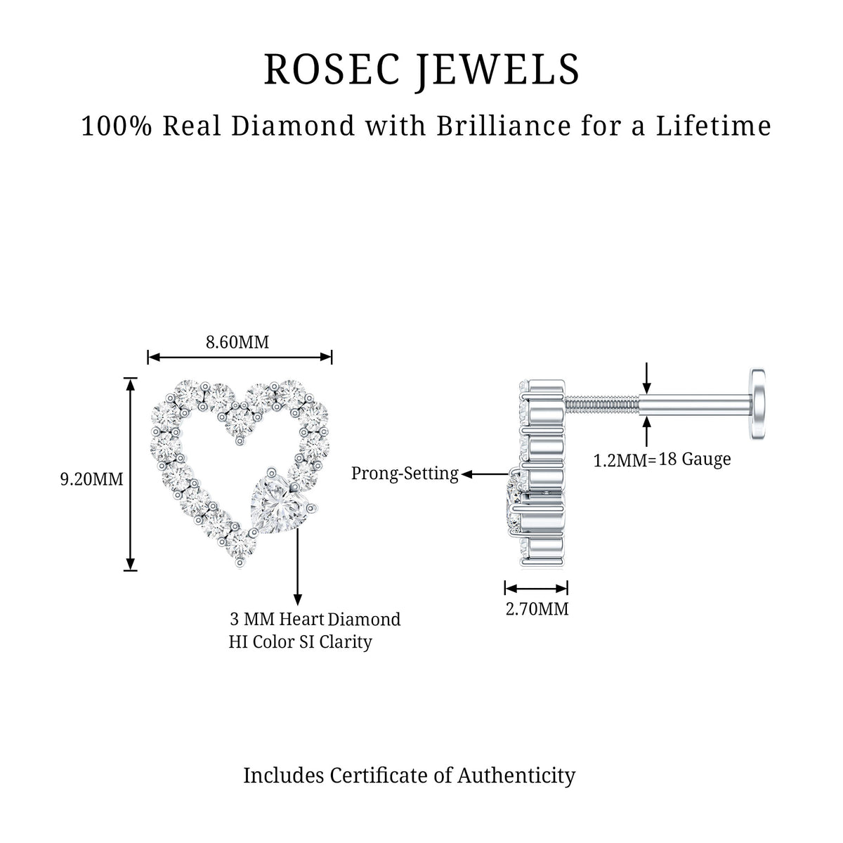Diamond Heart Shape Cartilage Earring Natural - ( HI-SI ) - Rosec Jewels