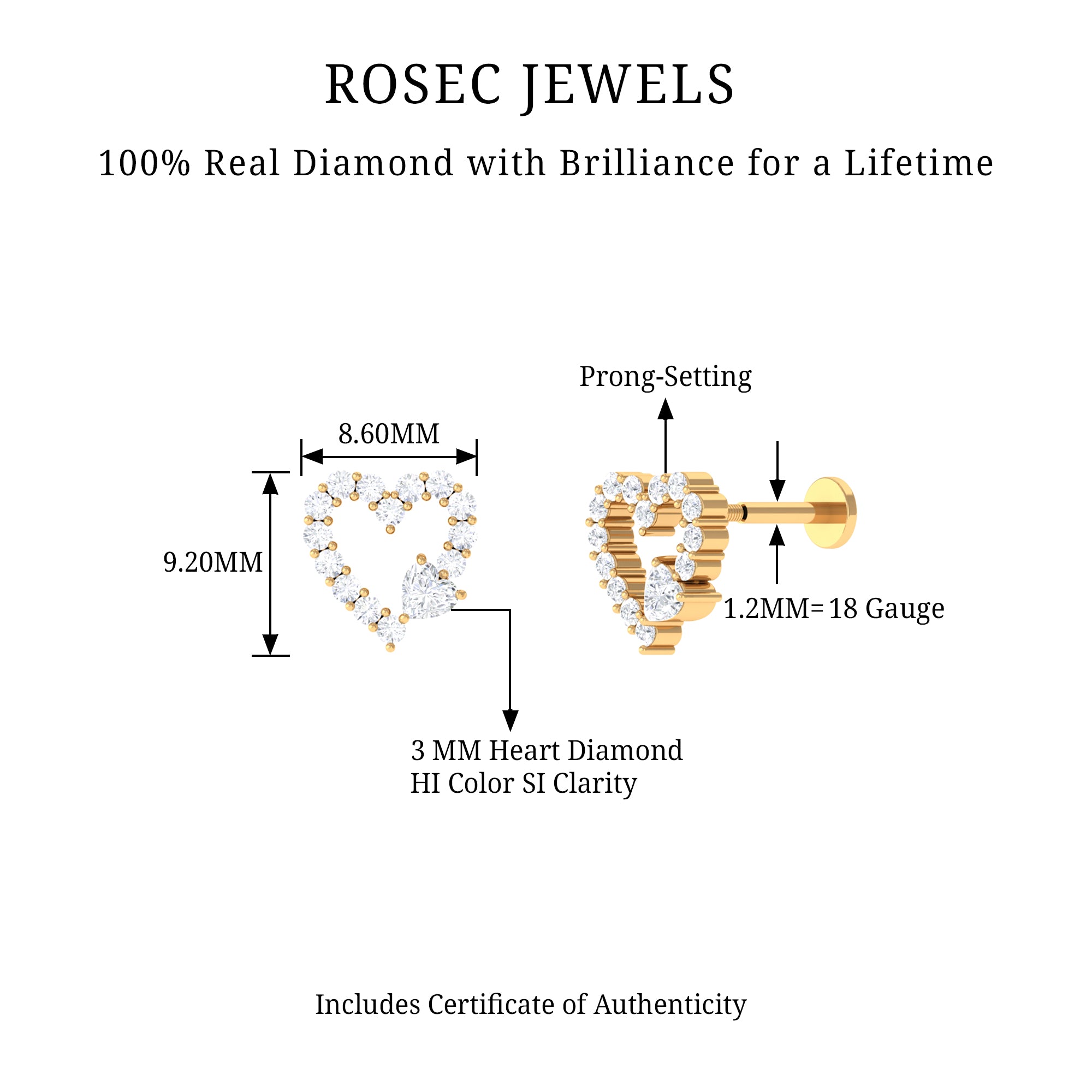 Diamond Heart Shape Cartilage Earring Natural - ( HI-SI ) - Rosec Jewels
