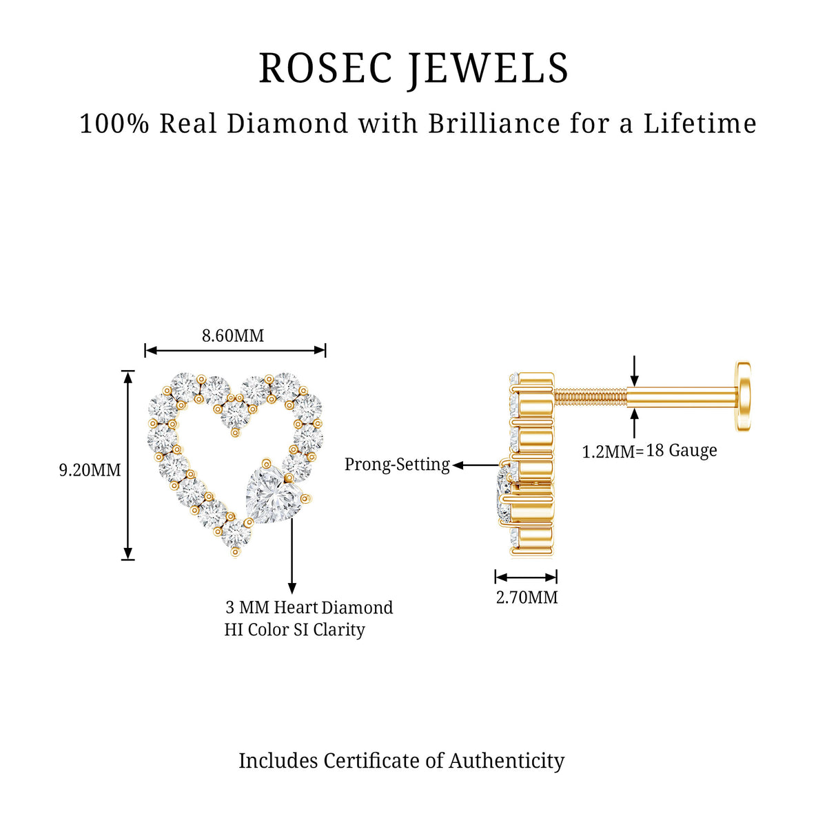 Diamond Heart Shape Cartilage Earring Natural - ( HI-SI ) - Rosec Jewels