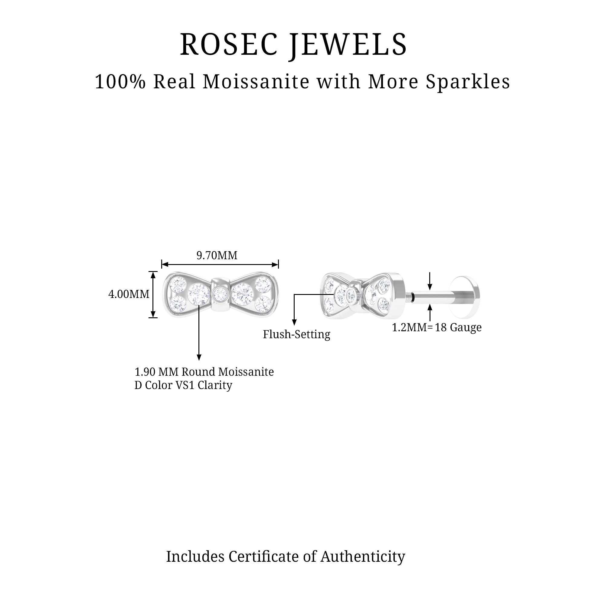 Moissanite Cute Bow Cartilage Earring with Certificate D-VS1 - Rosec Jewels