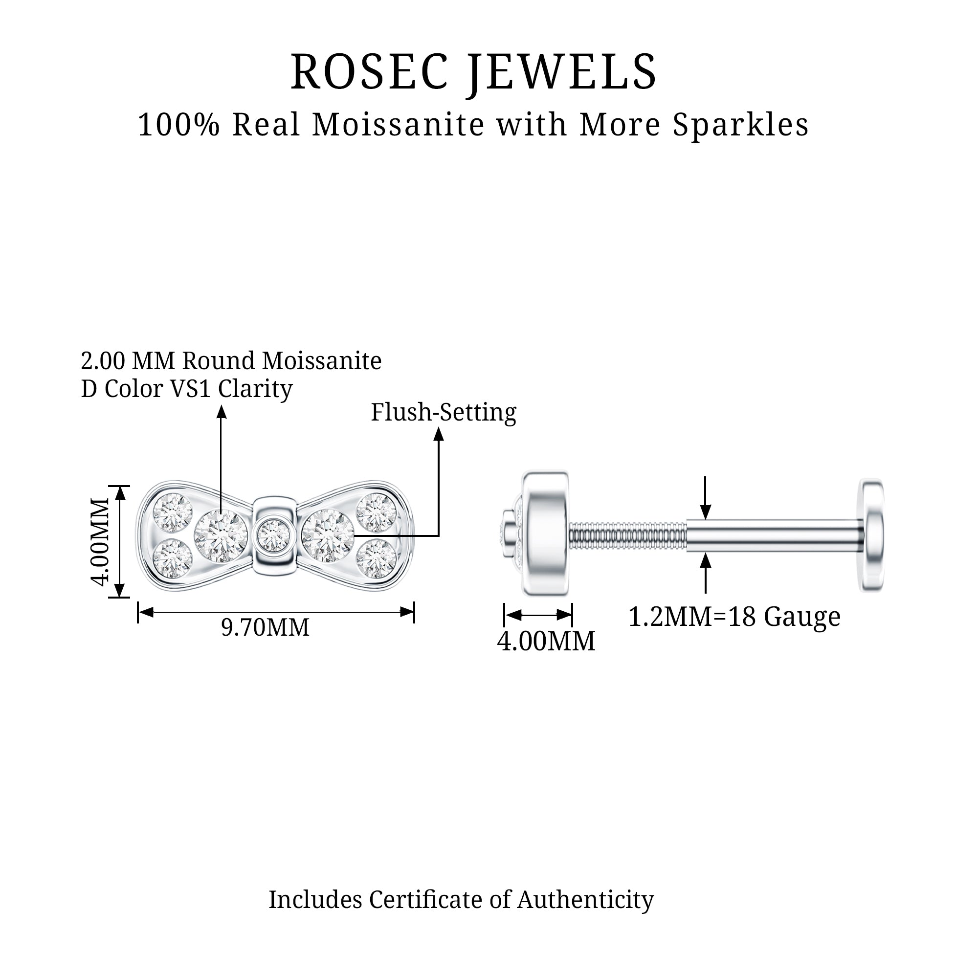 Moissanite Cute Bow Cartilage Earring with Certificate D-VS1 - Rosec Jewels
