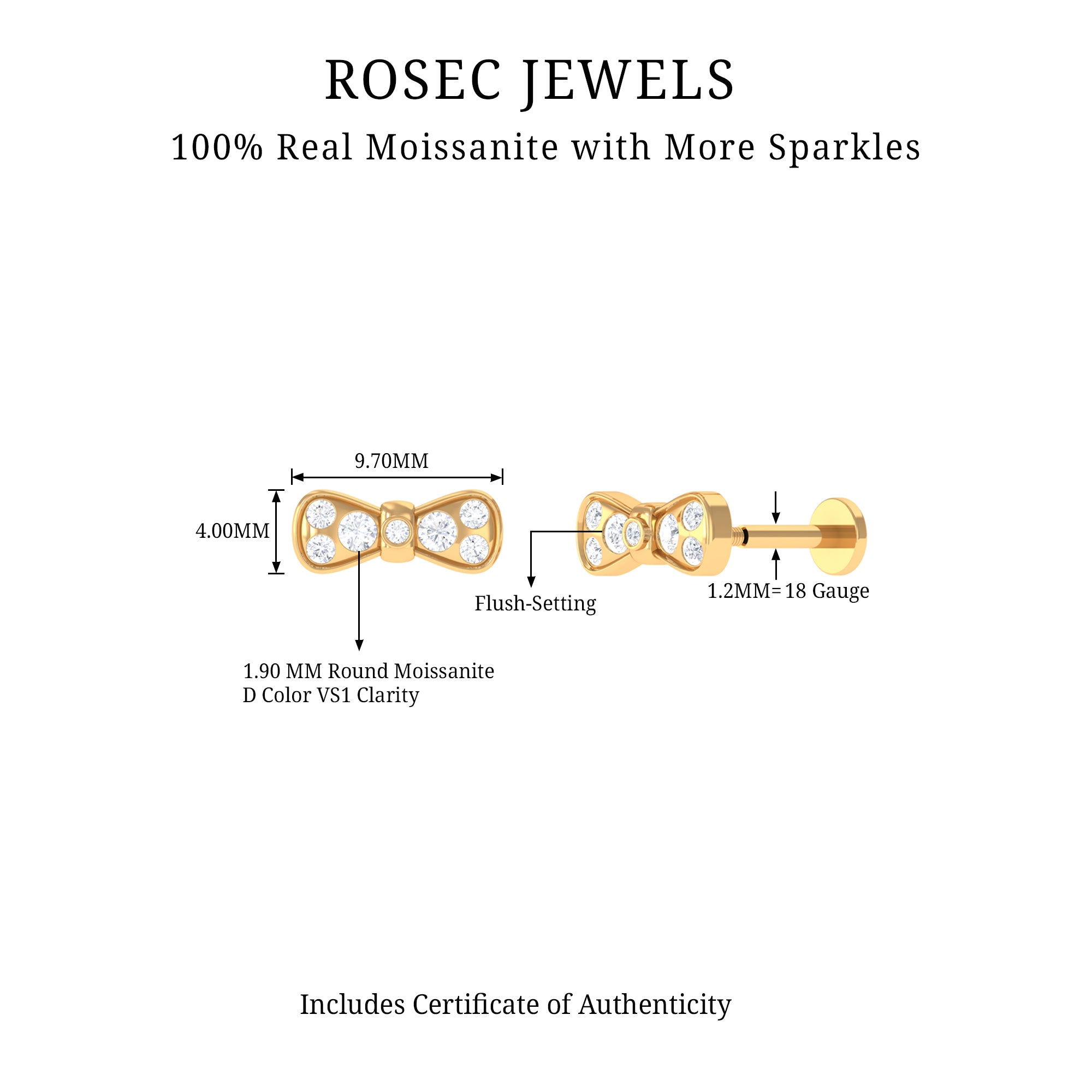 Moissanite Cute Bow Cartilage Earring with Certificate D-VS1 - Rosec Jewels