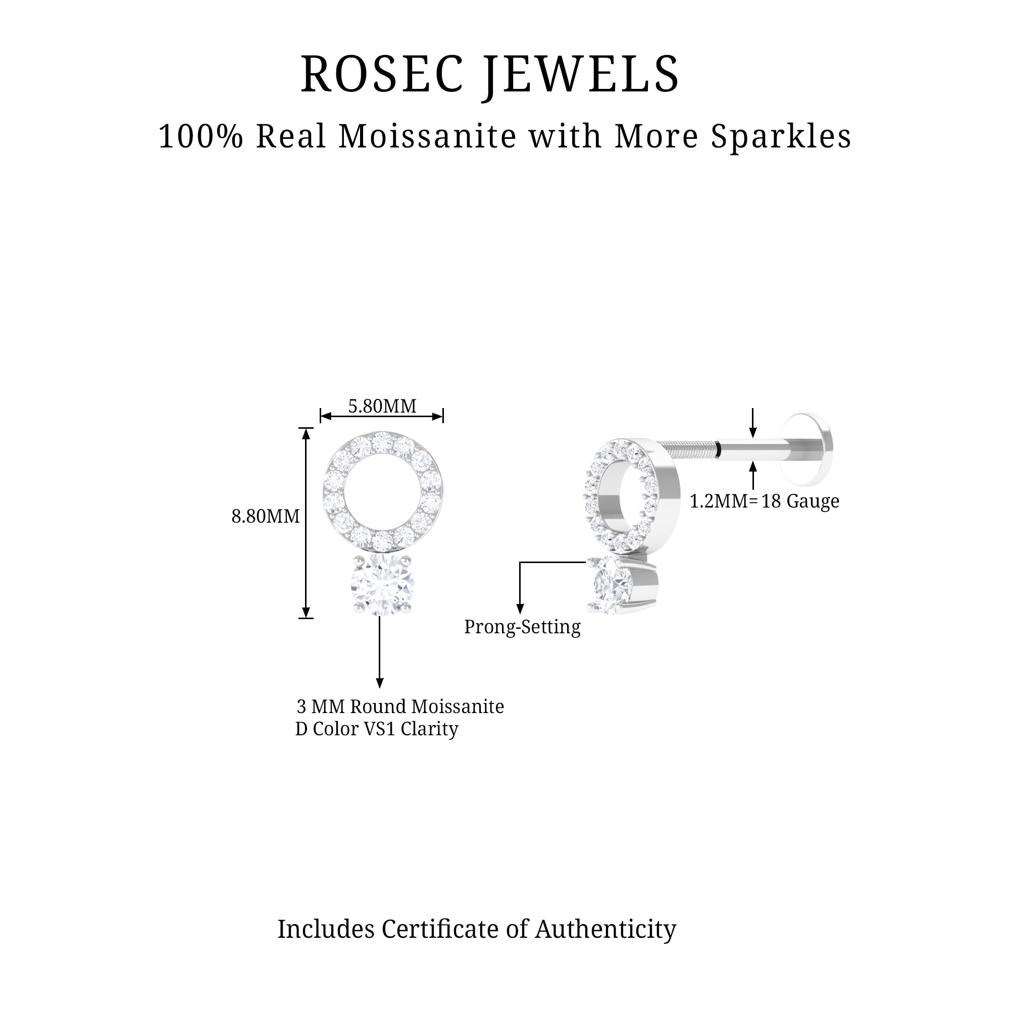Certified Moissanite Open Circle Cartilage Earring for Women D-VS1 - Rosec Jewels