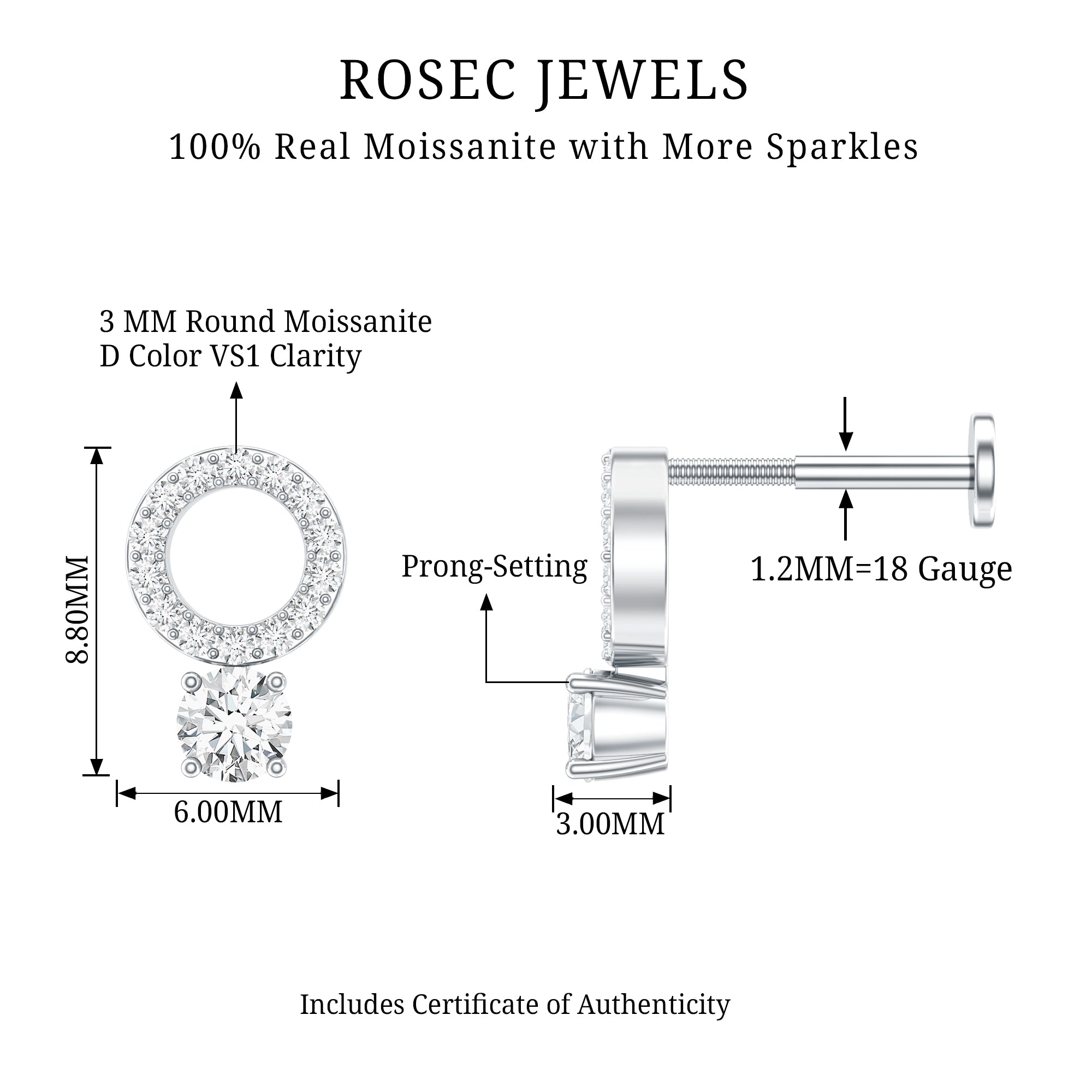 Certified Moissanite Open Circle Cartilage Earring for Women D-VS1 - Rosec Jewels