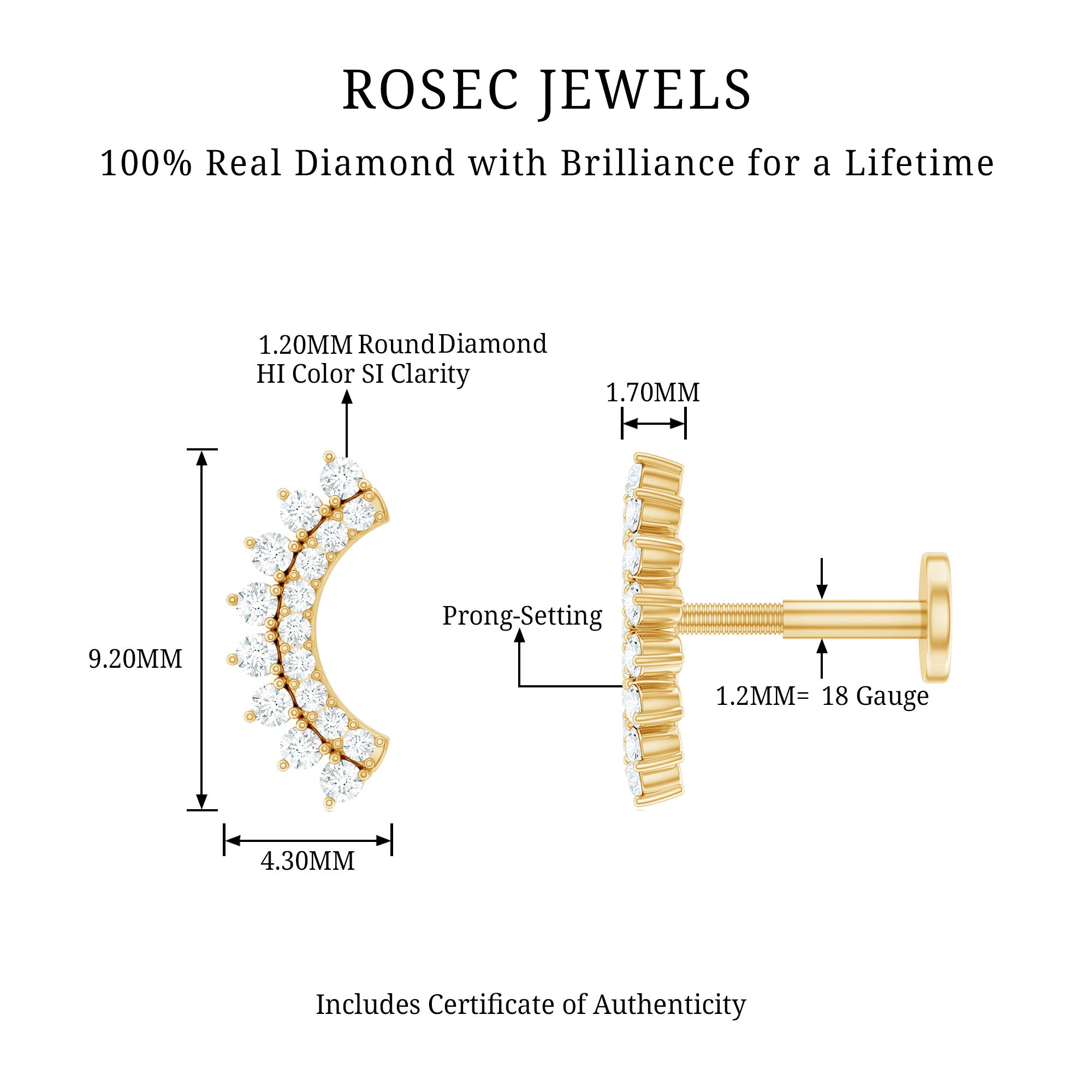 Certified Diamond Curved Cartilage Earring Natural - ( HI-SI ) - Rosec Jewels